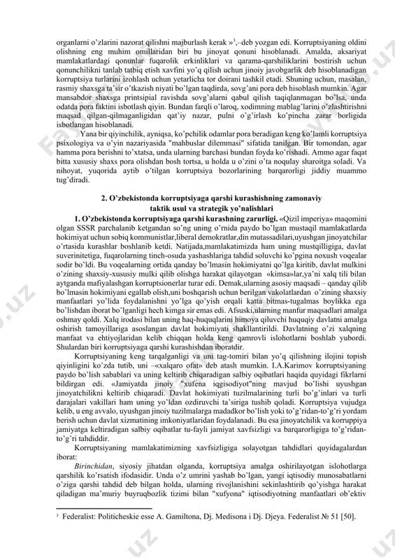 r tashkil qilinadi. masalan, huquqni muhofaza qilish idoralari ko’pincha ijro etuvchi hokimiyat rahbariga, shuningdek byurokratik apparatga bo’ysunsa-da, ammo shu bilan birga sezilarli darajada ichki nazoratni amalga oshirish bo’yicha o’z vakolotlariga ega bo’ladi. shu tufayli korruptsiyaga qarshi kurashning falsafiy paradigmalarini amalga oshirishning asosiy usuli bo’lgan ichki nazorat bugungi kunda asosiy,salmoqli, samarador o’rinlardan birini egallab kelmoqda. 2. tashqi boshqaruv. bunga ijro hokimiyatidan yuqori darajada mustaqillikka ega bo’lgan mexanizmlar kiradi. birlashgan millatlar tashkilotining 2003 yilda qabul qilingan “korruptsiyaga qarshi kurash konventsiyasi”da korruptsiyaga daxldorligi uchun ogohlantirish, korruptsiyada ishtiroki uchun jinoiy ta’qib va tergov hamda amaliyot operatsiyalarini ishga solmaslik, jinoyat yo’li bilan topilgan mablag’larni qaytarish maqsadida xatlash, musodara qilishga yo’naltirish bo’yicha amal qiladigan mexanizmlar ko’rsatib o’tilgan. bunday mexanizmlar qatoriga kiruvchi mustaqil sud tizimining mavjudligi va uning qonunni buzgan byurokratni osongina va samarali sud qilishi, amalda korruptsiyaning potentsial jozibadorligini keskin pasaytiradi. shu bilan bir qatorda so’z va ommaviy axborot vositalarining erkinligi byurokratik apparatda korruptsiya holatlarini nazorat …