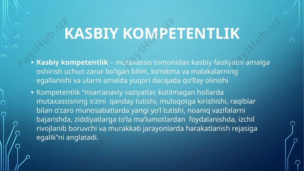 tavsiflovchi hamda mustaqil omil sifatida iqtidorlilikning tarkibiga kiruvchi ijodiy qobiliyati. kreativlik negizida aks etuvchi muhim sifatlar mihim sifatlar refleksiya qobiliyati hissiyotga boylik ijodiy ta’sirchanlik va tashabbuskorlik mavjud tajriba va bilimlar asosida yangi qarorlar qabul qilish malakasi boy tasavvur o`z ijodkorligini to`la-to`kis namoyish etish eruditsiya (bilag`onlik) mantiqiy fikrlay olish ijodiyn yo`nalganlik pedagogik kreativlik – pedagogning an’anaviy pedagogik fikrlashdan farqli ravishda ta’lim va tarbiya jarayonini samaradorligi ta’minlashga xizmat qiluvchi yangi g’oyalarni yaratish, mavjud pedagogik muammolarni ijobiy hal qilishga bo’lgan tayyorgarligini tavsiflovchi qobiliyati kreativ potensialga ega bo’lish uchun pedagog e’tibor qaratishi zarur bo’lgan jihatlar kasbiy faoliyatiga ijodiy yondashish; yangi g’oyalarni yaratishda faollik ko’rsatish; ilg’or pedagogik yutuq va tajribalarni mustaqil o’rganish; hamkasblar bilan pedagogik yutuqlar xususida fikr almashish. e’tiboringiz uchun raxmat. image2.png image3.emf sifatlar ijtimoiy kompetentlik shaxsiy kompetentlik texnologik kompetentlik maxsus(yoki kasbiy) kompetentlik kasbiykompetentliknegizidaaksetuvchisifatlar ekstremal kompetentlik psixologik, metodik, informatsion, kreativ, innovatsion, kommunikativava boshqa kompetentlik /docprops/thumbnail.jpeg