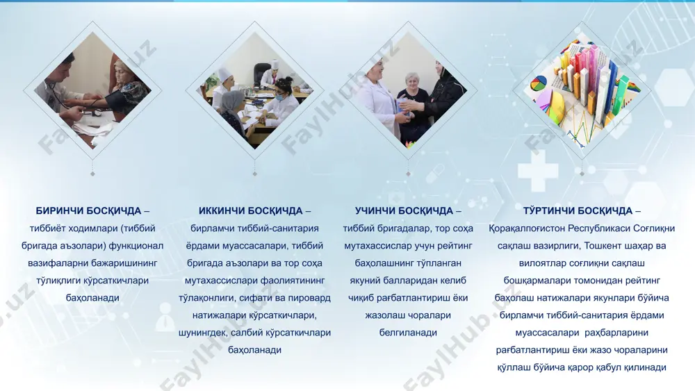 сақлаш вазирлиги, тошкент шаҳар соғлиқни сақлаш бош бошқармаси ва вилоятлар соғлиқни сақлаш бошқармалари томонидан аниқланади, уларнинг буйруқларига асосан тасдиқланади ва эълон қилинади фаолият самарадорлигини рейтинг баҳолаш тартиби натижаларни расмийлаштириш 14. олиниши мумкин бўлган энг юқори балларнинг 75 фоизидан ортиғини тўплаган тиббий бригада аъзолари ва тор соҳа мутахассислари шахсий устама белгилаш тарзида навбатдаги рейтинг баҳолашлар якунларига қадар (олти ой давомида) моддий рағбатлантириладилар 15. энг кўп олиниши мумкин бўлган якуний балларнинг 56 фоизидан 75 фоизигача тўплаган тиббий бригада аъзолари ва тор соҳа мутахассислари ўз лавозим маошини қўшимча моддий рағбатлантиришсиз белгиланган тартибда оладилар 16. энг кўп олиниши мумкин бўлган якуний балларнинг 55 фоизидан кам балл тўплаган тиббий бригада аъзолари ва тор соҳа мутахассисларига қонун ҳужжатларига мувофиқ интизомий жазо чоралари қўлланилади фаолият самарадорлигини рейтинг баҳолаш тартиби рағбатлантириш тизими 17. фаолиятни рейтинг баҳолаш якунлари бўйича 75 фоизидан ортиғини (450 балл.) тўплаган тиббий бригада аъзолари ва тор соҳа мутахассисларига шахсий устама қуйидаги тартибда белгиланади ва навбатдаги …