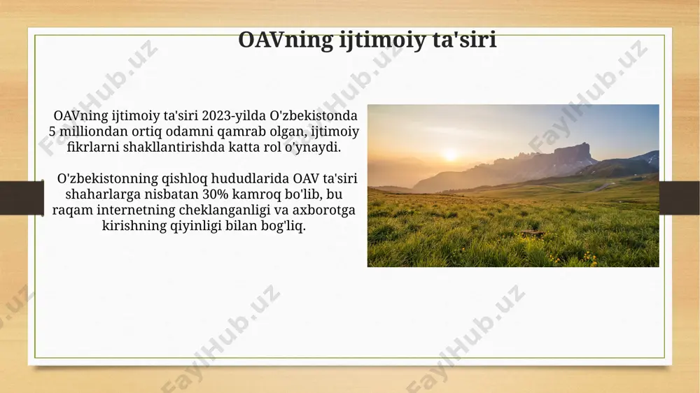 yilga borib dunyo bo'ylab 5 milliarddan ortiq qurilma ai yordamida ma'lumotlarni qayta ishlaydi, bu esa o'zbekiston kabi rivojlanayotgan mamlakatlarda ham yangi imkoniyatlar yaratadi. o'zbekistonning raqamli iqtisodiyoti rivojlanishi bilan birga, mahalliy oavlarning onlayn platformalardagi mavjudligi 2024-yilda 30% ga oshishi prognoz qilinmoqda, bu esa toshkent va samarqand kabi yirik shaharlarda internet foydalanuvchilari sonining ko'payishi bilan bog'liq. matbuotning ta'siri matbuotning 2023-yilgi o'zbekiston bo'yicha o'tkazilgan 5000 kishilik so'rovnomasi natijalariga ko'ra, siyosiy fikrlarga ta'siri 30% ga yetganligini ko'rsatdi. matbuotning iqtisodiyotga ta'siri, 2021-yilda toshkent shahrida 150 ta kompaniyaning reklama byudjetlarining 40% ga yaqinini tashkil etdi. oavning iqtisodiy ta'siri o'zbekistonda oav bozorining hajmi 2022 yilda 500 million dollardan oshdi, bu esa reklama, kontent ishlab chiqarish va telekommunikatsiya xizmatlari kabi sohalarning rivojlanishiga turtki bo'ldi. 2024 yilga kelib, o'zbekistonning raqamli oav bozorining o'sishi 15% ga yetadi deb taxmin qilinmoqda, bu esa toshkent va samarqand kabi yirik shaharlardagi ish o'rinlarining ko'payishiga olib keladi. e'tiboringiz uchun rahmat @taqdimot_robot image7.jpg image8.jpg image9.jpg …