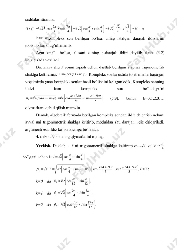 iz chiqarish. kompleks sonning n-darajali ildizi bo`lsa, ya`ni , , , uchun, , (6.4) demak, trigonometrik formada berilgan kompleks sondan ildiz chiqarish uchun, moduldan shu darajali ildiz chiqariladi, argumenti esa ildiz ko`rsatkichiga bo`linadi. 7. kompleks sonning logarifmi kompleks son berilgan bo`lsin. , (7.1) (7.2) 5-misol. ning logarifmini toping. yechish. , , , , _1405780341.unknown _1405780374.unknown _1405780390.unknown _1405780406.unknown _1405780422.unknown _1405780430.unknown _1405780434.unknown _1405780436.unknown _1405780438.unknown _1405780439.unknown _1405780440.unknown _1405780437.unknown _1405780435.unknown _1405780432.unknown _1405780433.unknown _1405780431.unknown _1405780426.unknown _1405780428.unknown _1405780429.unknown _1405780427.unknown _1405780424.unknown _1405780425.unknown _1405780423.unknown _1405780414.unknown _1405780418.unknown _1405780420.unknown _1405780421.unknown _1405780419.unknown _1405780416.unknown _1405780417.unknown _1405780415.unknown _1405780410.unknown _1405780412.unknown _1405780413.unknown _1405780411.unknown _1405780408.unknown _1405780409.unknown _1405780407.unknown _1405780398.unknown _1405780402.unknown _1405780404.unknown _1405780405.unknown _1405780403.unknown _1405780400.unknown _1405780401.unknown _1405780399.unknown _1405780394.unknown _1405780396.unknown _1405780397.unknown _1405780395.unknown _1405780392.unknown _1405780393.unknown _1405780391.unknown _1405780382.unknown _1405780386.unknown _1405780388.unknown _1405780389.unknown _1405780387.unknown _1405780384.unknown _1405780385.unknown _1405780383.unknown _1405780378.unknown _1405780380.unknown _1405780381.unknown _1405780379.unknown _1405780376.unknown _1405780377.unknown _1405780375.unknown _1405780357.unknown _1405780366.unknown _1405780370.unknown _1405780372.unknown _1405780373.unknown _1405780371.unknown _1405780368.unknown _1405780369.unknown _1405780367.unknown _1405780362.unknown _1405780364.unknown _1405780365.unknown _1405780363.unknown _14057