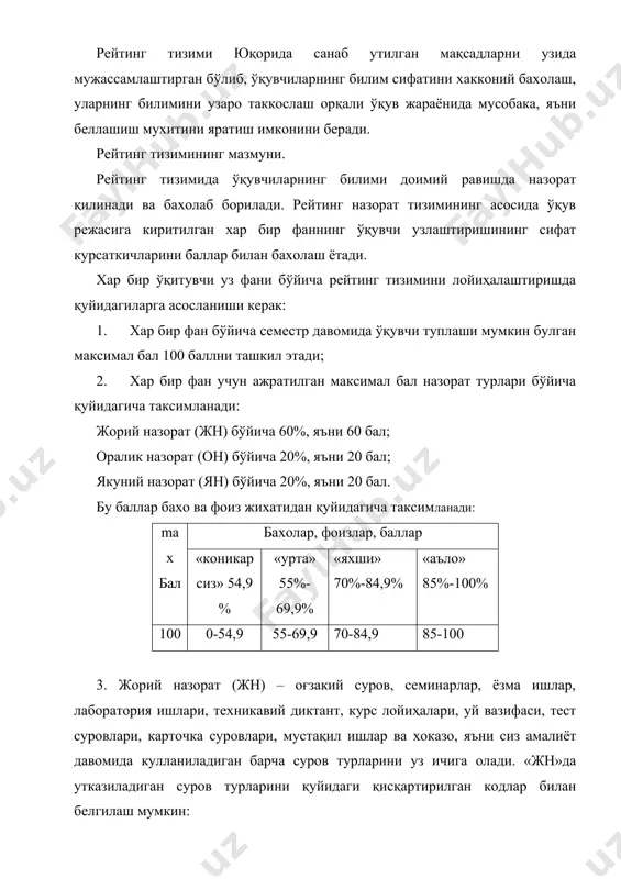 ришда қуйидагиларга асосланиши керак: 1. хар бир фан бўйича семестр давомида ўқувчи туплаши мумкин булган максимал бал 100 баллни ташкил этади; 2. хар бир фан учун ажратилган максимал бал назорат турлари бўйича қуйидагича таксимланади: жорий назорат (жн) бўйича 60%, яъни 60 бал; оралик назорат (он) бўйича 20%, яъни 20 бал; якуний назорат (ян) бўйича 20%, яъни 20 бал. бу баллар бахо ва фоиз жихатидан қуйидагича таксимланади: max бал бахолар, фоизлар, баллар «коникарсиз» 54,9 % «урта» 55%-69,9% «яхши» 70%-84,9% «аъло» 85%-100% 100 0-54,9 55-69,9 70-84,9 85-100 3. жорий назорат (жн) – оғзакий суров, семинарлар, ёзма ишлар, лаборатория ишлари, техникавий диктант, курс лойиҳалари, уй вазифаси, тест суровлари, карточка суровлари, мустақил ишлар ва хоказо, яъни сиз амалиёт давомида кулланиладиган барча суров турларини уз ичига олади. «жн»да утказиладиган суров турларини қуйидаги қисқартирилган кодлар билан белгилаш мумкин: т – тест суровлари; о – оғзаки суров; к – карточка суров; л – лаборатория иши; м – …