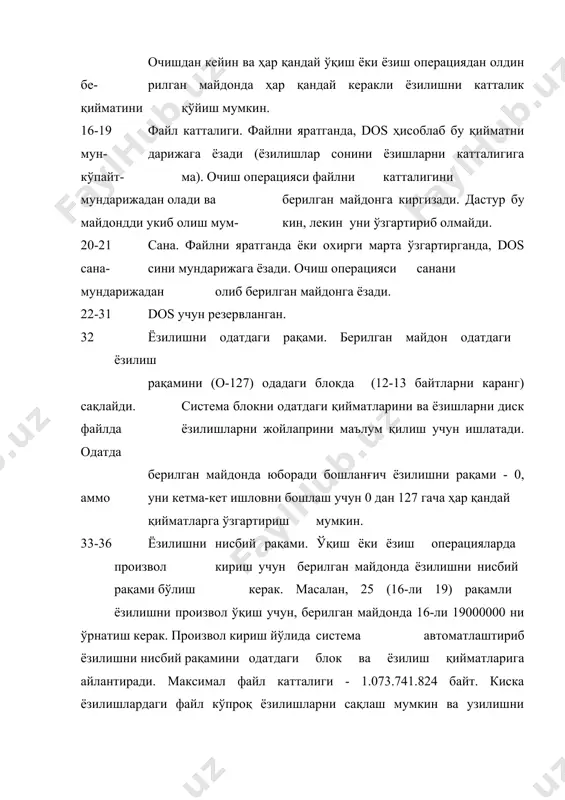 ди. агар, керакли ном (ва тур) ни сақлайдиган мундарижа элементи топилган бўлса, dos топилган элементни янги ишлатиш учун тозалайди. агар шу элемент топилмаса, dos эркин элементни кидиради. кейин операция файл катталигини 0 га қўяди ва файлни “очади”. очиш этапида дискни ишлатиш мумкин жойини текшириш бажарилади, бу текширишни натижаси al регистрга қўйилади: 00 дискда бош жой бор ff дискда бош жой йўқ. очишда fcb блокга одатдаги блок рақами ҳам -0- ўрнатишлади, ёзилиш катталиги ҳам (сўз сиз) - 128 (16-ли 80) байт. файлни ёзишдан олдин бу қийматни сўзсиздан зарурли ёзилиш катталигига ўзгартириш мумкин. чиқариладиган ёзишни аниқлаш учун олдинроқ бу ёзилишни бошланғич адресини маълумотларни юбориш атрофига (dta -disk trausfer area) ўрнатиш керак. чунки fcb блок ёзилишларни катталигиларга эга, dta да ёзилишни охтиргисини чеклангичини ўрнатиш керак эмас. кейин 16-ли 1а функция ердамида dos га dta адресини ҳабар бериш керак. ҳар бир вактда фақат битта dta актив бўлиш мумкин. қуйидаги мисолда dta адреси инициаллаштирилади: mov …