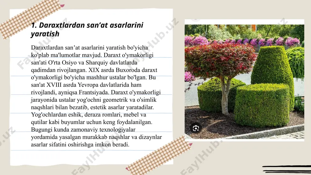 nsay yaratuvchilari kesh, oʻrish va simlash usullaridan foydalanib, turli shakllar va uslublar yaratadilar. ushbu san'atning kelib chiqishi miloddan avvalgi 7-asrga borib taqaladi. bonsay parvarishi maxsus qozonlarda amalga oshiriladi. daraxtlar odatda 5-10 yil davomida shakllantiriladi. yaponiyada koji, moyogi, va kengai kabi bonsay uslublari mashhur hisoblanadi. bu san'at shakli tabiiy go'zallikni qo'llamasdan, uning nazokatini aks ettirishni maqsad qiladi. ... t.me/slaydai_bot 4. topiary texnikalari topiary san'ati o'simliklarni kesish orqali turli shakl va figuralar yaratish texnikasidir. asosan doimiy yashil o'simliklar, masalan, buxus va yapon tisa ishlatiladi. ushbu texnikaning kelib chiqishi qadimiy rim davrlariga borib taqaladi. odatda bog', park va boshqa ochiq maydonlarni bezash uchun qo'llaniladi. topiary texnikalariga spiral, konus, to'p, hayvon shakllari kiradi. bog'dorchilar maxsus qaychi va boshqa asboblar yordamida shakllarni yaratishadi. bu san'at asosan yevropa, ayniqsa angliya va italiyada ommalashgan. topiary ishlari sezilarli vaqt va parvarish talab qiladi, ba'zi loyihalar yillar davomida yakunlanadi. ... t.me/slaydai_bot bog'larda dekorativ daraxtlar shakllarini yaratish juda muhim bezak …