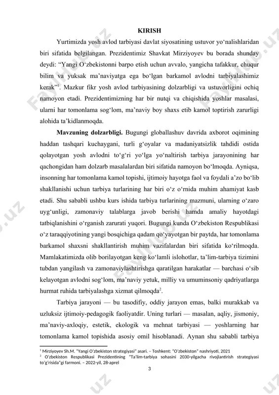 gi o‘zbekiston sharoitida yoshlarni tarbiyalash faqat maktab yoki oliy ta’lim tizimining vazifasi emas, balki jamiyatning har bir a’zosiga, ayniqsa, oila, ommaviy axborot vositalari va fuqarolik jamiyati institutlariga yuklatilgan umumiy vazifadir. shu jihatdan qaralganda, tarbiya turlarini har tomonlama o‘rganish, ularning jamiyatdagi ahamiyatini ochib berish va zamonaviy yondashuvlar asosida takomillashtirish — nafaqat pedagogika fani uchun, balki butun jamiyat taraqqiyoti uchun zarurdir. shu bilan birga, zamonaviy axborot texnologiyalarining keng tarqalganligi, global madaniy oqimlarning yosh ongiga ta’siri, shuningdek, oiladagi tarbiyaviy muhitning zaiflashuvi kabi omillar ham tarbiya jarayoniga yangicha yondashuvni, tarbiya turlarini uyg‘unlashtirish zaruratini yuzaga keltirmoqda. endilikda pedagog va tarbiyachilar tarbiyani faqat nazariy emas, balki amaliy hayot bilan chambarchas bog‘lab olib borishlari lozim. shu sababli “tarbiya turlari mazmuni” mavzusi bugungi ta’lim tizimida dolzarb ilmiy-amaliy muammolardan biri sifatida maydonga chiqmoqda. uning ilmiy asoslarini chuqur o‘rganish orqali zamonaviy pedagogik yondashuvlar asosida samarali tarbiya mexanizmlarini ishlab chiqish imkoniyati vujudga keladi[footnoteref:3]. [3: ziyayev n. “zamonaviy tarbiya turlari va ularning …