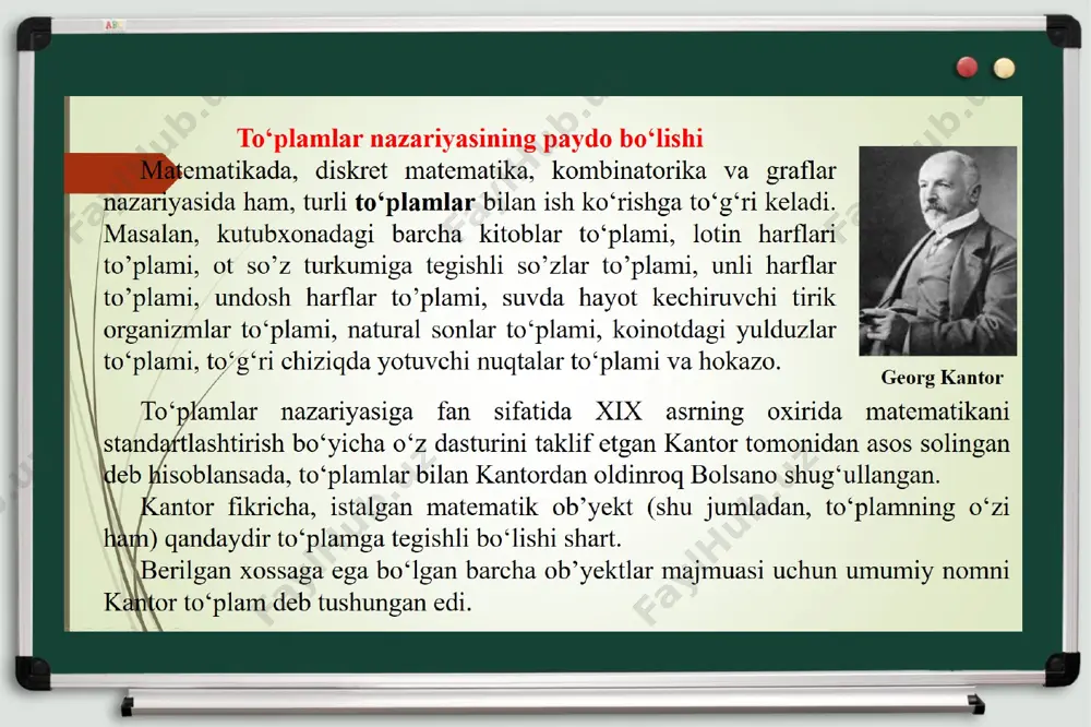 z tilini ham, fransuz tilini ham bilmaydi? a) 11 b) 8 c) 6 d) 7 9-masala 60 % 50 % 17 % yechish: javob: d) 7 masalalar yechish 30 nafar o‘quvchidan 3x+1 nafari rus tilini , 2x-1 nafari ingliz tilini, x-1 nafari rus tilini ham ingliz tilini ham biladi. 5 nafari esa, rus tilini ham ingliz tilini ham bilmaydi. necha nafar o‘quvchi rus tilini biladi? a) 13 b) 19 c) 11 d) 17 10-masala 3x+1 2x-1 x-1 yechish: javob: b) 19 mustaqil bajarish uchun topshiriqlar 1. (m1,m3) a element a = {a; b; c; d; e;f} to‘plamning nechta qism to‘plamiga tegishli bo‘ladi? a) 16 b) 8 c) 32 d) 64 2. (m3) a = {a; b; c; d; e; f} to‘plamning elementlari soni 2 ta bo‘lgan nechta qism to‘plami bor? a) 15 b) 4 c) 8 d) 16 3. (m1) a to‘plam 48 sonining butun bo‘luvchilaridan tashkil topgan bo‘lsa, a …