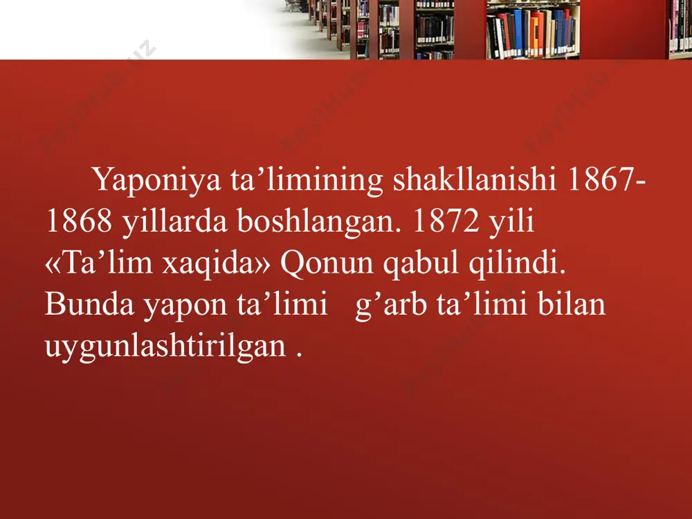 g‘ich va o‘rta maktab o‘quvchilarini darsliklar bilan ta'minlaydi. ba’zi hududlarda maktablarning tushliklari hokimiyat tomonidan ta’minlanadi. ikki yil avval davlat har bir o‘quvchi va o‘qituvchini planshet bilan ta’minlagan (giga maktabining konsepsiyasi). o‘quvchilar ushbu planshetlarni maktabni bitirganda boshqa o‘quvchilar foydalanishi uchun qaytaradilar. maktab o‘quvchilarining o‘qishi uchun zarur bo‘lgan barcha narsalar ularning ota-onalari tomonidan ta’minlanadi. bu nafaqat maktab formasi va o‘quv qurollarini o‘z ichiga oladi. masalan, ota-onalar o‘z farzandlariga musiqa darslari uchun musiqa asbobini, uy-ro‘zg‘or darslari uchun zarur bo‘lgan barcha narsalarni (oziq-ovqat mahsulotlari, matolar, iplar va boshqalar) sotib olishadi. yapon onalari o‘z farzandlarining muvaffaqiyatiga juda e’tiborli bo‘ladilar. ular o‘qituvchilar bilan yaqin aloqada bo‘lib, maktab hayotida ishtirok etadilar, bolalar kasal bo‘lsa, ba’zan ularning o‘rniga darslarga borib, ma’ruzalarni yozib olishadi. 19 yuqori maktab bolalar o‘rta maktabni tugatgandan so‘ng 15 yoshida yuqori maktabga kiradilar. yuqori maktabga qabul imtihonlar asosida amalga oshiriladi. yuqori maktabda ta’lim olish majburiy emasligiga qaramay, yapon yoshlarining 90% dan ortig‘i o‘qishni davom ettirmoqda. …
