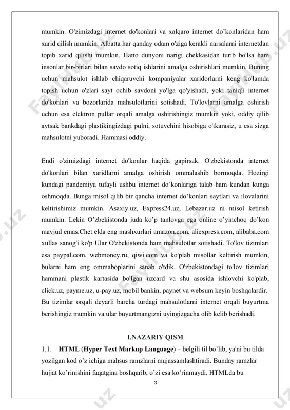 ko’rsatish va boshqalar o’zining , va hokazo yopuvchi juftlarisiz yozilishi mumkin. noto’g’ri yozilgan tegni yoki uning parametri brauzer tomonidan rad kilinadi. (bu brauzer tanimaydigan teglarga ham taalluqli). masalan, teg-konteyneri faqatgina freymlarni taniydigan brauzer tomonidan hisobga olinadi. uni tanimaydigan brauzer tegini tushunmaydi. teglar parametr va atributlarga (inglizcha. attribute) ega bo’lishi mumkin. ruxsat etilgan parametrlar yig’indisi har-bir teg uchun individualdir. parametrlar quyidagi qoida asosida yoziladi: · teg nomidan so’ng probellar bilan ajratilgan parametrlar kelishi mumkin; · parametrlar ixtiyoriy tartibda keladi; · parametrlar o’zining nomidan keyin keluvchi «=» belgisi orqali beriluvchi qiymatlarga ega bo’lishi mumkin. · odatda parametrlar qiymati « » - «qo’shtirnoq» ichida beriladi. · parametr qiymatida ba'zan yozuv registri muhim. agar parametr mohiyatida probel ishtirok etgan bo’lsa, u holda qavs, albatta yoziladi. parametr mohiyatida (teg va parametrlar nomidan farqli ravishda) ba'zida yozuv registri muhim bo’ladi. tegning parametr bilan yozilishiga misol: bu erda tegi uchun ikkita parametr berilgan. moxiyatsiz ko’rsatilgan birinchi parametr …