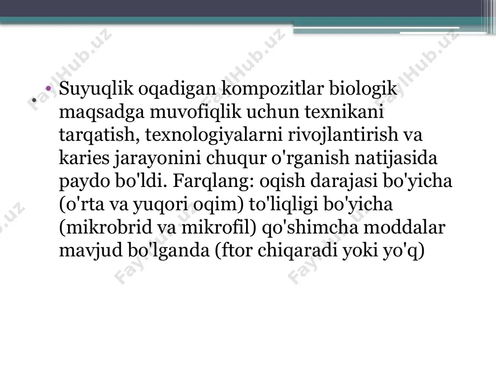 hni tishlar va antagonist tishlarga mos kelishi kerak . rangni tanlash shartlari: kunduzgi yorug'lik (tegmaslik 11–13 soat); bulutli, ammo yomg'irsiz kun; shimol tomonga qaragan oynada rang tanlash; ho'l tish; neytral atrof-muhit fonida (yorqin lab bo'yog'i, kiyim, devorlarning rangi, peçeteler va hokazolar bundan mustasno); optimal fon kul rang. rangni aniqlashda muhim nuqta shaffoflikni (shaffof, shaffof va tiniq tishlar) aniqlashdir. «palfique estelite lv low flow» (tokuyama) — suyuq va "an'anaviy" kompozitlar orasidagi mustahkamlik oralig'i bo'lgan past suyuqlikli suyuq kompozit. matritsali tizimlardan foydalanganda vertikal sirtlarda ishlash uchun mo'ljallangan. tiksotropiyani kuchaytirgandan so'ng, bu bo'shliqqa oqmaydi va tish tuzilishini uni kiritish bosqichida taqlid qilishga imkon beradi. «palfique estelite lv high flow» (tokuyama) — yuqori suyuqlik bilan suyuq kompozit. u har qanday burmalarni va pastki qismlarni osongina va ishonchli ravishda to'ldiradi. yoriqlarni muhrlashda, tunnelni to'ldirish texnikasida murakkab shakldagi bo'shliqlarda adaptiv qatlam hosil qilishda ushbu materialdan foydalanish afzalroqdir. «esteliite flow quick» —tokuyamaning so'nggi rivojlanishi. bu mikroto'lqinli suyuqlik, …