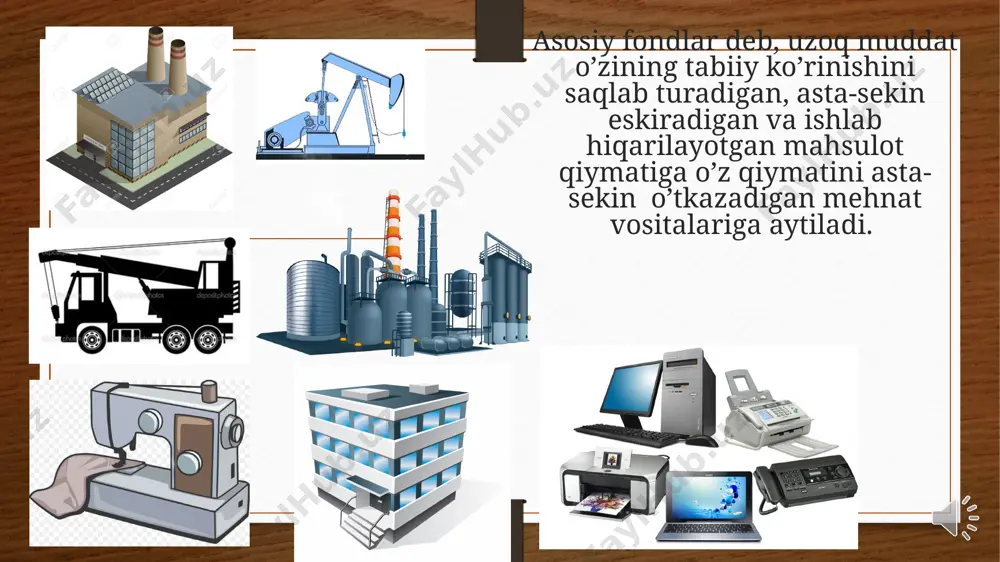 u turdagi aktivlarni qayta tiklash va qayta ishlab chiqarishdir. asosiy vositaning amortizatsiya qiymati - taxmin qilinayotgan tugatilish qiymatini chiqarib tashlagan holda aktivning dastlabki qiymatining summasidir. amortizatsiyalanuvchi qiymat muntazam ravishda asosiy vositani foydali ishlatishning butun davriga taqsimlanadi. quyidagi asosiy vositalarga amortizatsiya hisoblanmaydi: yer; noyob arxitektura va san'at yodgorliklari mahsuldor hayvonlar, buqa va ho’kizlar; hayvonot dunyosi eksponatlari (hayvonot bog'larida va boshqa shunga o'xshash tashkilotlarda) ekspluatatsiya holatiga yetmagan ko'p yillik plantatsiyalar kutubxona fondi; film fondlari ilmiy-tadqiqot, konstruktorlik va texnologik tashkilotlarning jihozlar, eksponatlar, namunalar, ishlayotgan va harakatsiz bo'lgan modellar; sahna va sahna ashyolari, muzey va badiiy qadriyatlar belgilangan tartibda konservatsiyaga o’tkazilgan asosiy vositalar; to’liq amortizatsiyalangan asosiy vositalar. amortizatsiya 4 xil usullda hisoblanadi: to’g’ri chiziqli usul kamayib boruvchi qoldiq usuli bajarilgan ishlar hajmiga qo’ra hisoblash usuli kumulyativ usul tezkor usullar to’g’ri chiziqli usulda amortizatsiya hisoblash. to’g’ri chiziqli usulda amortizatsiya hisoblash. misol. «malika» hissadorlik jamiyatida asosiy vositaga eskirish hisoblash bo’yicha quyidagi ma’lumotlar mavjud: • asosiy vositaning …