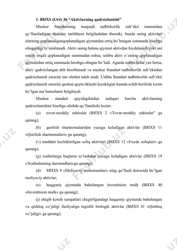 dati kechiktirilgan sotib olish xarajatlari va nomoddiy aktivlar; va (i) mhxs 5 “sotish uchun mo’ljallangan uzoq muddatli aktivlar va davom ettirilmaydigan faoliyat” ga muvofiq sotishga mo’ljallangan sifatida tasniflangan uzoq muddatli aktivlar (yoki chiqib ketish guruhlari). mazkur standart tovar-moddiy zahiralarga, qurilish shartnomalaridan yuzaga keladigan aktivlarga, muddati kechiktirilgan soliq aktivlariga, xodimlarga haqlarni to’lashdan yuzaga keladigan aktivlarga, yoki sotishga mo’ljallangan sifatida tasniflangan (yoki sotishga mo’ljallangan sifatida tasniflangan chiqib ketish guruhlariga kiritilgan) aktivlarga nisbatan qo’llanilmaydi, chunki ushbu aktivlar uchun o’rinli bo’lgan joriy mhxslar ushbu aktivlarni tan olish va baholashga nisbatan talablarni qamrab oladi. mazkur standart quyidagicha tasniflangan moliyaviy aktivlarga nisbatan qo’llaniladi: (a) mhxs 10 «jamlangan moliyaviy hisobotlar» da ta’riflangan sho’’ba tadbirkorlik sub’ektlari; (b) mhxs 28 «qaram tadbirkorlik sub’ektlari va qo’shma korxonalardagi investitsiyalar» da ta’riflangan qaram tadbirkorlik sub’ektlari; va (v) mhxs 11 «birgalikdagi faoliyat bo’yicha kelishuvlar» da ta’riflangan qo’shma korxonalar. boshqa moliyaviy aktivlarning qadrsizlanishi bo’yicha mhxs 39 ga murojaat eting. mazkur standart mhxs 9 ning …