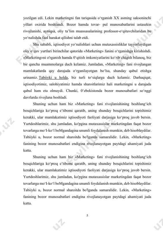 unumli foydalanish mumkin, deb hisoblaydilar. tabiiyki u, bozor normal sharoitda bo'lganda samaralidir. lekin, «marketing» fanining bozor munosabatlari endigina rivojlanayotgan paytdagi ahamiyati juda katta. shuning uchun ham biz «marketing» fani rivojlanishining boshlang‘ich bosqichlariga ko‘proq e’tibomi qaratib, uning shunday bosqichlarini topishimiz kerakki, ular mamlakatimiz iqtisodiyoti faoliyati darjasiga ko‘proq javob bersin. yurtdoshlarimiz, shu jumladan, ko'pgina mutaxassislar marketingdan faqat bozor tovarlarga mo‘i-ko‘l bomgandagina unumli foydalanish mumkin, deb hisoblaydilar. tabiiyki u, bozor normal sharoitda bo'lganda samaralidir. lekin, «marketing» fanining bozor munosabatlari endigina rivojlanayotgan paytdagi ahamiyati juda katta. iqtisodiyot, biznes va tijorat sohasi bo‘yicha tayyorlanayotgan mutaxassisliklar uchun «marketing» - bozor faoliyatining uslubiy asoslarini o‘rgatadigan asosiy fan. marketing eng awalo, uni o‘rganuvchilami bozor faoliyati tizimi sifatida jalb etadi. u korxonalaming bozordagi harakati va holatini o‘rganadi. «marketing» - bu faol assortment siyosatini, narx, oldi-sotdi, reklama, iste’molchilami o‘rganish, tomonlar bilan munosabatlarga kirishish, tijorat qaltisligini va raqobatchilami o'rganadigan fandir. marketing tushunchasi va uning mohiyati tadbirkorlik faoliyatida qaror qabul qilish va …
