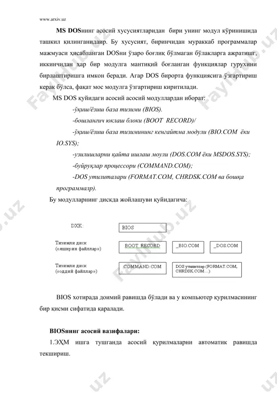 абарни беради. country= 007, 866, c:/exe/msdos/country - давлатнинг коди, вақт ва сана ҳақидаги маълумотни беришнинг қулай формати. ms dosда 6.2 версиясидан бошлаб қуйидагилар россия учун аҳамиятга олинган: давлат коди 007, кодли саҳифа 866. device=c:/exe/sys /mouse.sys 2 - қурилмаларнинг драйверлари ўрнатилади. драйвер-программалар тизимнинг имкониятларини кенгайтиради. энг муҳим драйверларга миоллар келтирамиз: ansi.sys - клавиатурадаги тугмачаларнинг вазифасини қайта аниқлайди ва экранга маълумотларни чиқариш имкониятини кенгайтиради; driver.sys - компьютерга қўшимча дискларни улайди; mouse.com- амалий программаларда сичқончадан фойдаланишни таъминлайди; smartdrv.exe - дискни кэшлашни таъминлайди; ramdrive.sys - кенгайтирилган ёки қўшимча хотирада электрон дискни яратади. install =c:/exe/rk.com -резидент программани ўрнатиш. бу усул оператив хотирани эканом қилади. юкланувчи программа учун ундан фойдаланганда, муҳитнинг ўзгарувчиларини сақлаш учун хотирада жой ажартилмайди. autoexec.bat файлининг тузилиши dos операцион системаси юкланишида дискнинг ўзак каталогда autoexec.bat файлини излайди. агар бу файл топилса у бажарилади. autoexec.bat буйруқ файлига операцион тизимни ҳар сафар юкланишида бажариладиган буйруқларни ёзиш қулай. бу буйруқлар операцион тизимнинг керакли созлашларини амалга ошириб, …