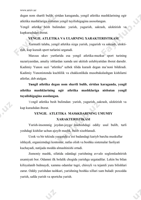 bakasi stadion yulkalarida (soat strelkasi xarakatiga teskari yulanishda) va oddiy yulkalarda (shosseda, shaxar kuchalarida) 3 km dan 50 km gacha masofada utkaziladi. yurish musobakasida katnashuvchilar, koidada belgilangan yurish texnikasi xususiyatlariga rioya kilishlari kerak. bularning eng asosiysi bir laxza bulsa xam ikkala oyokni bir vaktda yerdan uzilib kolishiga yul kuymaslikdir. oyoklardan birontasi xam yerga tegmay turgan fursat sodir bulguday bulsa, sportchi yurishdan yugurishga utgan xisoblanadi. bu koidani buzgan sportchini maxsus xakamlar musobakadan chetlashtiradilar. yugurish – joydan-joyga kuchishning tabiiy usulidir, bu jismoniy mashkning kuprok tarkalgan turi bulib, juda kup sport turlari (futbol, basketbol va boshkalar) tarikibiga kiradi. yugurishning juda kup xillari yengil atletika xar xil turlarining orga​nik kismi xisoblanadi. yugurganda butun organizmning ish kobiliyatiga kuyilgan talab yurganga nisbatan ancha katta buladi, chunki yugurganda a’zoi badandagi muskul guruxlarining deyarli xammasi ishga tushadi, yurak-kontomir, nafas olish va boshka sistemalar faoliyati kuchayadi, modda almashishi ancha oshadi. shugullanuvchilarning imkoniyatiga karab, masofa uzunligi va yugurish tezligini uzgartirish …