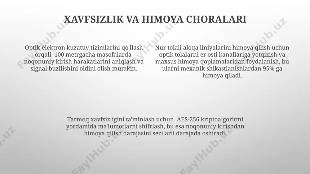 samaradorligiga va sifatiga bevosita ta'sir qiladi. optik multiplekslash va demultiplekslash optik multiplekslash, bir nechta optik to'lqin uzunliklarini (masalan, 1550 nm va 1310 nm) bitta optik tolali kabel orqali uzatish imkonini beradi, bu esa tarmoq sig'imini sezilarli darajada oshiradi. demultiplekslash jarayoni, optik multiplekslash vositasida birlashtirilgan optik signallarni qabul qiluvchi tomonda ajratib olish uchun ishlatiladi va har bir kanaldagi ma'lumotlarni alohida qayta ishlash imkonini beradi. optik multiplekslash va demultiplekslash texnologiyalari, dwdm (densa to'lqin uzunligi bo'linishi multipleksi) kabi rivojlangan tizimlarda qo'llanilib, yuzlab to'lqin uzunliklarini bitta tolda uzatishga imkon beradi. optik aloqa tizimlarining arxitekturasi ko'p kanalli optik aloqa tizimlarida, 10 gb/s va undan yuqori tezlikda ma'lumot uzatish uchun dwdm (dense wavelength division multiplexing) texnologiyasi qo'llaniladi, bu esa bir nechta optik to'lqin uzunliklaridan foydalanishni nazarda tutadi. optik aloqa tizimlari, odatda, 3 asosiy qismdan iborat: manba, uzatish muhiti (optik tolalar) va qabul qiluvchi, ularning har biri o'ziga xos parametrlarga ega bo'lib, tizim samaradorligiga ta'sir qiladi. optik …