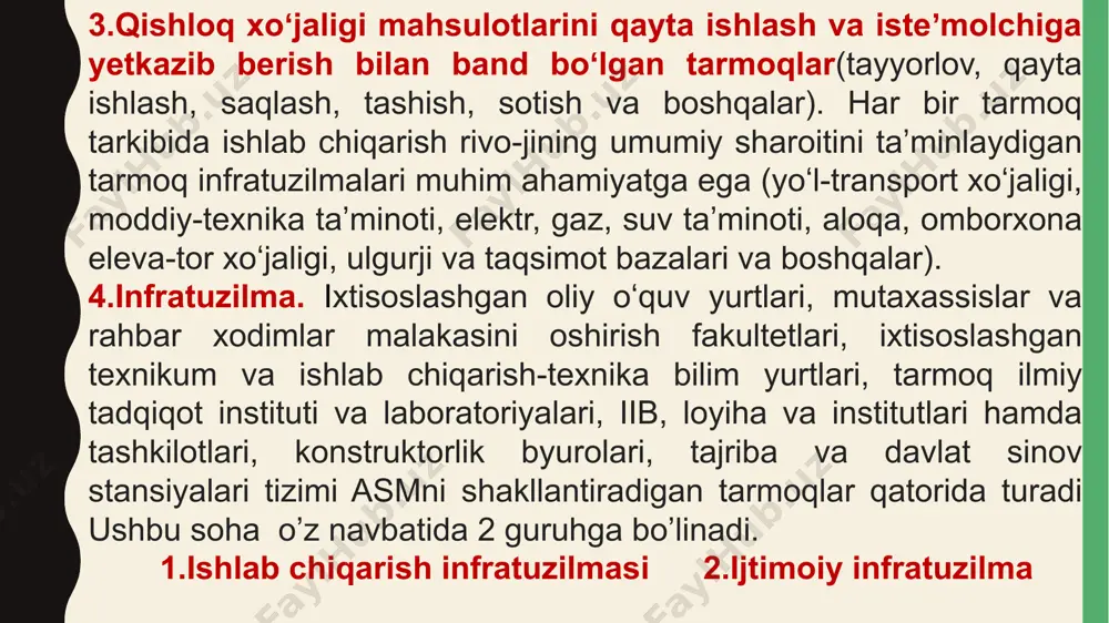 rni amalga oshirish; • qishloq xo`jalik mahsulotlaridan oziq-ovqat hamda iste'mol tovarlarini ishlab chiqarish, saqlash; • oziq-ovqat hamda xalq iste'moli tovarlarini iste'molchilarga yetkazib berish. qishloq xo`jalik korxonalari o`z ishlab chiqarishlarini rivojlanishini va samaradorligi yuksalishini ta'minlash maqsadida ekologiyaga salbiy ta'sir ko`rsatmaydigan, kimyoviy vositalarni, yoqilg`i, yonilg`i materiallarini bevosita sanoat tarmoqlaridan sotib olish uchun shartnoma tuzadilar. ular shuningdek, texnikalarini ta'mirlatish, yerlarini haydash, ekinlarni ekish, yetishtirilgan hosilni yig`ib-terib olish maqsadida ixtisoslashgan mashinatraktor parklari bilan, hasharotlarga hamda zararkunandalarga qarshi kurash maqsadida esa kimyoviy xizmatlarni amalga oshiradigan tashkilotlar bilan, ekinlarning suvga bo`lgan talabini qondirish uchun suv xo`jaligi tashkilotlari bilan shartnomalarni rasmiylashtiradilar. shartnomalarning shartlari bajarilishini tomonlar, albatta, ta'minlashlari kerak. 2.3. agrosanoat majmuasining holati, iqtisodiyijtimoiy samaradorlik darajasi, ularni rivojlantirilishi • respublika agrosanoat majmuasi tarkibidagi tarmoqlarning tashkiliy, texnikaviy, texnologik, iqtisodiy hamda ijtimoiy o`zaro bog`lanishi, ya'ni integratsiyalashuvi natijasida mehnat taqsimoti amalga oshirilmoqda. bu hol agrosanoat majmuasi ixtiyoridagi barcha resurslardan, shu jumladan, cheklanganlaridan ham samarali foydalanilishini ta'minlashga, texnika va texnologiyalarni rivojlantirishga, ishlab …