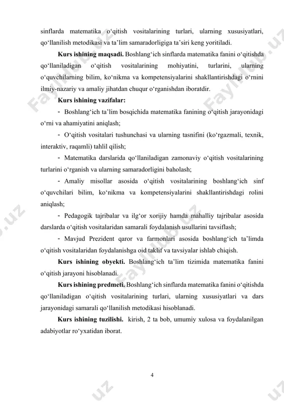 o‘qitishda an’anaviy o‘qitish vositalari alohida o‘rin tutadi. ular o‘quvchilarning bilim olish jarayonini tashkil qilish, matematik tushunchalarni shakllantirish, mustahkamlash va qo‘llash imkonini beradi. quyida an’anaviy vositalarning asosiy turlari va ularning ahamiyati tahlil qilinadi. 1. darsliklar. boshlang‘ich sinflarda matematika fanini o‘qitishda darsliklar muhim o‘quv-metodik vosita hisoblanadi. ular ta’lim jarayonining markaziy manbai bo‘lib, o‘quvchilarga nazariy bilimlarni tizimli yetkazish, ularni mustaqil o‘rganish va amalda qo‘llashga yo‘naltirishda asosiy rol o‘ynaydi. darsliklarning tuzilishi, mazmuni va shakli bevosita o‘quvchilarning yosh xususiyatlariga, psixologik rivojlanish darajasiga mos holda ishlab chiqiladi. ayniqsa, matematika kabi abstrakt tafakkurni talab qiladigan fan uchun darsliklar mazmunan to‘g‘ri tuzilgan, bosqichma-bosqichlik prinsipiga asoslangan va ko‘rgazmali materiallar bilan boyitilgan bo‘lishi kerak. darsliklar orqali o‘quvchilarga matematik tushunchalar, atamalar, qonuniyatlar, formulalar, geometrik tasavvurlar va amaliy ko‘nikmalar o‘rgatiladi. darsliklar nafaqat bilim manbai, balki metodik qo‘llanma vazifasini ham bajaradi. chunki undagi topshiriqlar, misollar va mashqlar o‘quvchilarning mantiqiy fikrlashini rivojlantirishga xizmat qiladi. darsliklarda har bir mavzu muayyan pedagogik yondashuv asosida yoritiladi: avval …