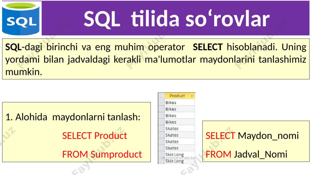 harfi bilan boshlanmaydigan yozuvlar tanlanadi: select * from sumproduct where city like '[!tn]*' 27 sql tilida so‘rovlar 15. matematik amallarni bajarish hisoblanadigan maydonlardan foydalanish usullaridan biri tanlangan ma'lumotlarga matematik amallarni bajarishdir. har bir mahsulotning o'rtacha sotish narxini hisoblaylik. buning uchun amount (summa) ustunini quantity (miqdor)ga bo‘lish kerak: select distinct product, amount/quantity from sumproduct 28 sql tilida so‘rovlar 16. psevdonimlardan foydalanish har bir mahsulotning o'rtacha sotish narxi ustuni mbbt bergan nom - expr1001 bilan aks etmoqda. so'rovda oldindan ko‘rsatgan qo'ygan holda maydonni nomlash, ya'ni psevdonim berish numkin: select distinct product, amount/quantity as avgprice from sumproduct 29 sql tilida so‘rovlar 17. maydonlarni birlashtirish (ulash) matematik amallardan tashqari, matnlarni birlashtiramiz va uni alohida maydonda aks ettirish mumkin. matnlarni ulash (birlashtirish): select month + ' ' + product as newfield, quantity from sumproduct 30 image2.png image3.png image4.png image5.png image6.png image7.png image8.png image9.png image10.png image11.png image12.png image13.png image14.png image15.png image16.png image17.png image18.png image19.jpeg image20.png image21.png …