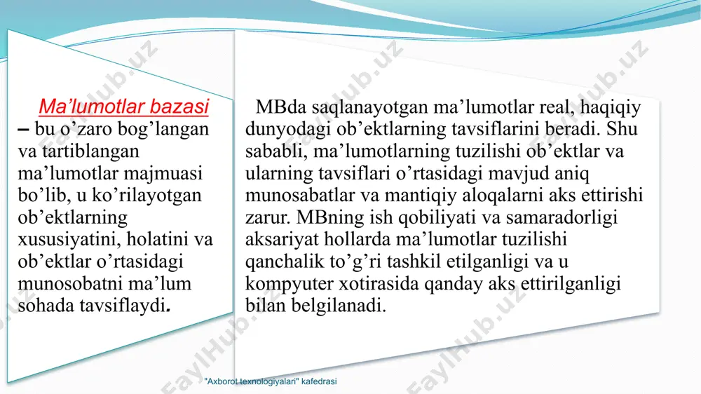 jadvalida yuk. ‘xodim’ jadvalida ‘lavozim’, ‘bo’lim’ ‘bo’lim’ jadvalida ‘yuk’ ‘pasport’ jadvalida ‘id’ "axborot texnologiyalari" kafedrasi bog’lanishlar: ‘lavozim’ jadvalining birlamchi kaliti ‘id’ va ‘xodim’ jadvalining ikkilamchi kaliti ‘lavozim’ ‘birga-ko’p’ bog’langan. ‘bo’lim’ jadvalining birlamchi kaliti ‘id’ va ‘xodim’ jadvalining ikkilamchi kaliti ‘bo’lim’ ‘birga-ko’p’ bog’langan. ‘xodim’ jadvalining birlamchi kaliti ‘id’ va ‘pasport’ jadvalining ikkilamchi kaliti ‘id’ ‘birga-bir’ bog’langan. "axborot texnologiyalari" kafedrasi "axborot texnologiyalari" kafedrasi relyatsion ma’lumotlar bazasi qanday ko’rinishga ega bo’ladi? jadval shaklida tuzilgan ma’lumotlar ko’rinishida ketma-ket tuzilgan ma’lumotlar ko’rinishida. satrlar bo’yicha tuzilgan ma’lumotlar ko’rinishida. sonli ma’lumotlardan iborat ma’lumotlar ko’rinishida. "axborot texnologiyalari" kafedrasi mbbt nima? mbni yaratish va uni saqlab turish va foydalanuvchilarni undan foydalanishini ta’minlaydigan dasturlar majmuasi. relyastion mbni boshqarish relyastion mbni boshqarishni va undagi o’zaro bog’langan ma’lumotlar ustida bajariladigan operastiyalarni amalga oshirishni nazorat qiluvchi tizimi. ma’lumotlar modelini tuzuvchi tizim. "axborot texnologiyalari" kafedrasi relyatsion ma`lumotlar bazasining asosiy tushunchalari aniqlang? jadval, ustun, qator, birlamchi kalit. jadval, atribut, yozuv jadval, ustun, qator. jadval, ustun, …