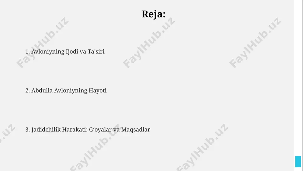 arg'ib qilgan. avloniyning ta’limga qo‘shgan hissa uning "tarbiya" va "mehrobdan maktabgacha" kabi asarlari 1900-yillar boshida turkistondagi ta’lim tizimini isloh qilishga turtki bo‘ldi, yangi pedagogik g‘oyalarni targ‘ib qildi. avloniy o‘zining "usul-i tadris" asarida 50 dan ortiq ta’lim metodologiyasini bayon qilib, rus va g‘arb pedagogikasi tajribasini o‘zbekiston sharoitlariga moslashtirishga harakat qildi. avloniy samarqand va buxoroda 20 dan ortiq maktab ochishda faol ishtirok etdi, zamonaviy ta’lim uslublari va dasturlarini joriy qilishga katta hissa qo‘shdi. "turkiston" gazetasi va avloniy “turkiston” gazetasining 1906-yildan boshlab toshkentda chop etilishi avloniyning ijodiy faoliyatiga kuchli ta’sir ko‘rsatib, uning maqola va hikoyalarini nashr etishga imkon bergan. gazeta orqali avloniy jadidchilik g‘oyalarini, zamonaviy ta’lim va madaniyatni keng targ‘ib qilib, turkiston bo‘ylab 200 000 dan ortiq o‘quvchiga yetkazgan. “turkiston” gazetasida chop etilgan avloniyning "o‘zbek tili darsligi" kabi asarlari milliy til va adabiyotning rivojlanishiga samarqand, buxoro va farg‘ona viloyatlarida sezilarli hissa qo‘shgan. avloniyning merosining zamonaviy ahamiyati avloniyning ijtimoiy-siyosiy fikrlari, 1900-yillarning boshlarida turkistonda yuz …