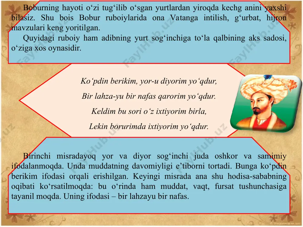 esa nisbatan aniqroq shaxslar: yaxshi va yomon odamlar tilga olingan. ruboiydagi asosiy tasvir vositalari – so‘z takrori va tazod. ular vositasida har bir harakat va uning natijasi, olamd agi sabab va oqibat munosabatining tasod ifiy bo‘lmasligi ta’kidlanmoqda. boburning ko‘pgina g‘azal va ruboiyl arida bo‘lganiday, bu yerda ham yaxshilik qilishga und ash, yomonlikdan uzoqlashishga da’vat asosiy o‘rin tutgan. muhimi, ular quruq pand-o‘git emas, balki yuksak badiiyat libosida taqdim etilgan. bobur hayotda kutilmagan sinov va mashaqqatlarga duch keldi. u hayot zarbalarini juda erta yoshligidan ko‘rdi. shunga qaramay, uning lirikasida hayotsevarlik, odamga va butun olamga bo‘lgan qizg‘in muhabbat, chuqur samimiyat juda yorqin tarzda o‘z aksini topdi. bobur asarlari o‘zbek she’riyatining, o‘zbek nasrining, o‘zbek adabiyotining navoiydan keyingi eng go‘zal, eng nurli sahifalarini tashkil etadi. ularning barchasi nihoyatda go‘zal va ta’sirchan, takrorlanmas bir shaklda namoyon bo‘lgan. ular o‘zbek tilining kuch-qudrati, ichki imkoniyatlarini ko‘rsatib bera olishiga ko‘ra ham bebahodir. bobur ruboiylari o‘zbek ruboiynavisligi taraqqiyotida alohida bir …
