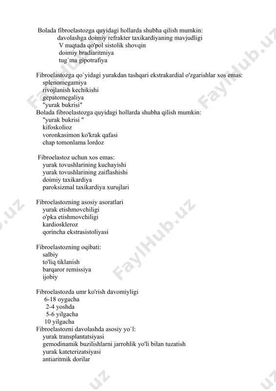 ishi qo'llarning tomirlarining shishishi yuqoridagilardan hech qaysisi miyokarditning eng keng tarqalgan sababi : virusli bakterial protozoylar parazitar yuqumli endokardit bilan og’rigan bolani dispenser kuzatuv vaqti: bitta javobni tanlang: 5 yil 1 yil 3 yil dispenser kuzatuv o’tkazilmaydi bakterial endokarditning dastlabki belgilarini ko’rsating: jigar kengayishi haroratning ko'tarilishi echt oshishi pnevmoniya kelib chiqish davriga ko'ra, norevmatik kardit quyidagicha bo'lishi mumkin: a) tug'ma; b) orttirilgan; v) irsiy . javoblarning to'g'ri kombinatsiyasini tanlang: a, b; a, b; b, v; a, b, v; exokardiogrammada norevmatik karditda quyidagilarni aniqlash mumkin: a) yurak bo'shliqlarining ko'payishi; b) yurak bo'shliqlarining pasayishi; v) infektsion fraktsiyaning pasayishi; d) klapanlarda vegetatsiya mavjudligi.javoblarning to'g'ri kombinatsiyasini tanlang: a, b; a, b; b, g; a, b, v; miokarditning rentgenografik belgilariga quyidagilar kiradi: hamma javoblar to'g'ri "sharsimon" yurak; kardiomegaliya; plevral emfizema; gerpes infektsiyasi bilan kechayotgan miokard zararlanishida quyidagilar buyuriladi: asiklovir; zidovudin; inozin pranobeks; immunoglobulini miokarditning ekstrakardial belgilariga quyidagilar kiradi: qorin og'rig'i; bo'g'imlarda og'riqlar; ortiqcha terlash; taxikardiya …