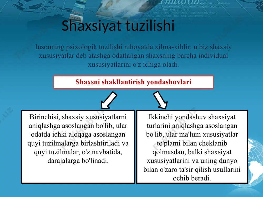 katlariga nisbatan reaksiyasini tushuntiruvchi xususiyatlar majmuidir 16 xarakter shaxsning alohida insonlar va insonlar guruhi,o’z-o’ziga,vaziyatlar,narsalar va hodisalarga nisbatan munosabatlaridan orttiradigan sifatlarni o’z ichiga oladi. 17 irodaviy sifatlar har birimizning o’z oldimizga maqsad qo’yib,unga erishish yo’lidagi qiyinchiliklarni yengishimizni ta’minlovchi sifatlarimiz 18 emotsiya va motivatsiya atrofimizda sodir bo’layotgan hodisalar,bizni o’rab turgan odamlar va ularning hatti harakatini ruhan qanday qabul qilib ularga nisbatan xissiy munosabatimiz 19 intelekt –lotincha so’z-intelectus-tushunish,bilish va intelectum-aql so’zlari negizidan paydo bo’lgan tushuncha bo’lib,u aql-idrokning shunday bo’lagiki,uni o’lchab,o’zgartirib rivojlantirish mumkin intelekt 20 iqtidor-insonning o’z hatti harakatlari bilimlari imkonoyatlari malakalariga nisbatan subyektiv munosabatidir iste’dod-har tomonlama rivojlangan nihoyatda kuchli takrorlanmas qobiliyatdir t e m p e r a m e n t shaxs faoliyati va xulqining dinamik va xulqining dinamik va emotsional-hissiy tomonlarini xarakterlovchi individual xususiyatlar majmuidir akademik i.pavlov temperament xususiyatlarini belgilab beruvchi uch oliy nerv tizimi xossalarini ajratgan: kuch-ya’ni nerv tizimining kuchli qo’zgatuvchilarga bardoshi muvozanatlashganlik-asabdagi tormozlanish va qo’zg’alish jarayonlarining mutanosibligi harakatchanlik-qo’zg’alish va …