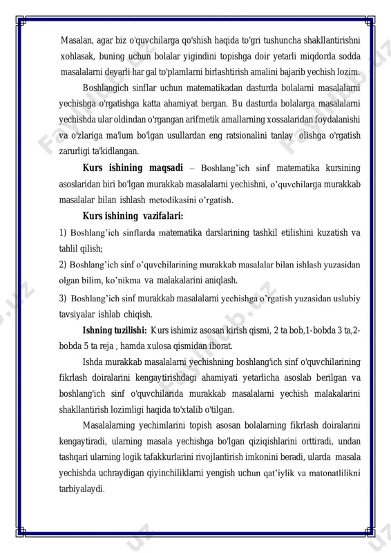 olingan bilimlarni mustahkamlash va mukammallashtirishga xizmat qiladi. biz bolalarga murakkab masalalarni bitta amal bilan yechib bo'lmasligini, yechish uchun berilgan sonlar va izlanuvchi son orasida mos bog'lanishlarni aniqlab, sodda masalalarga ajratish kerakligini uqtirib o'tamiz. bu paragrafda asosan murakkab masalalarni yechib bo'lingandan keyin, o'quvchilar uchun tushunishi oson bo'lgan usullarning eng ratsionalini tanlab yechtirish malakasini shakllantirish kerakligi haqida fikr yuritilgan. biz o'quvchilarga biror masalani yechish uchun topshiriq beramiz. o'quvchilar albatta buni mustaqil bajarishadi. bitta o'quvchi masalani bir usulda yechsa, ikkinchi o'quvchi esa boshqa usulda yechadi va hokazo. biz ularning bu yechgan masalalarini tekshirib chiqib, bolalar tushunishi oson bo'lgan masalaning eng ratsional usulini tanlab, shu asosida masala yechimini topishni o'rgatamiz. i bob.boshlang’ich sinflarda murakkab masalalarni o’rganish metodikasi. §1.1. murakkab masalalar yechishga o'rgatish. boshlang'ich sinf o'quvchilari sodda masalalarni o'zlashtirib olganlaridan keyin, ya'ni ular shart va natijani ajratib olganlaridan keyin ma'lum va noma'lumlarni qiynalmay ajratadigan bo'ladilar, masala yechishning dastlabki ko'nikmalarini oladilar, shundan keyin darsga tarkibli masalalar …