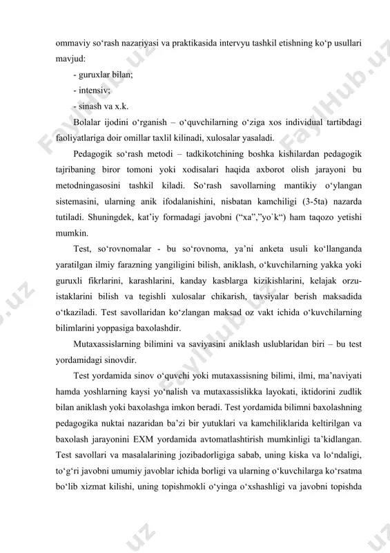 zi bir yutuklari va kamchiliklarida keltirilgan va baxolash jarayonini exm yordamida avtomatlashtirish mumkinligi ta’kidlangan. test savollari va masalalarining jozibadorligiga sabab, uning kiska va lo‘ndaligi, to‘g‘ri javobni umumiy javoblar ichida borligi va ularning o‘kuvchilarga ko‘rsatma bo‘lib xizmat kilishi, uning topishmokli o‘yinga o‘xshashligi va javobni topishda xotira, intutsiya va topkirliklar ko‘l keladi. test savollarini chop etish o‘kuvchilarning mustakil ishlashini yanada faollashtiradi. test sinovini oliy va o‘rta maxsus o‘kuv yurtlariga kirish imtixonlarida qo‘llash quyidagi kator natijalar berdi. imtixon oluvchi bilan imtixon topshiruvchi orasidagi subyektiv sabablar va psixologik to‘siklar koladi. barcha abituriyentlarga beriladigan imtixon sharoitlari vakti variantlarning murakkablik darajasi, baxolash kriteriylari deyarli bir xil bo‘lishiga yerishiladi. test natijalarini exm yordamida avtomatlashtirilgan xolda ishlab chikish amalga oshirildi, o‘kuvchilarning qaysi fandan va uning qaysi bo‘limidan bilimlarining past yoki yukoriligini baxolash va uning respublikamiz regionlari, xatto ayrim maktab-litseylar bo‘yicha taxlil kilish imkoniyati yaratildi. iktidorli yoshlarni tanlash, olimpiadalar o‘tkazish jarayonlarini sezilarli darajada yaxshilashga olib keldi. oliy o‘kuv yurtiga …