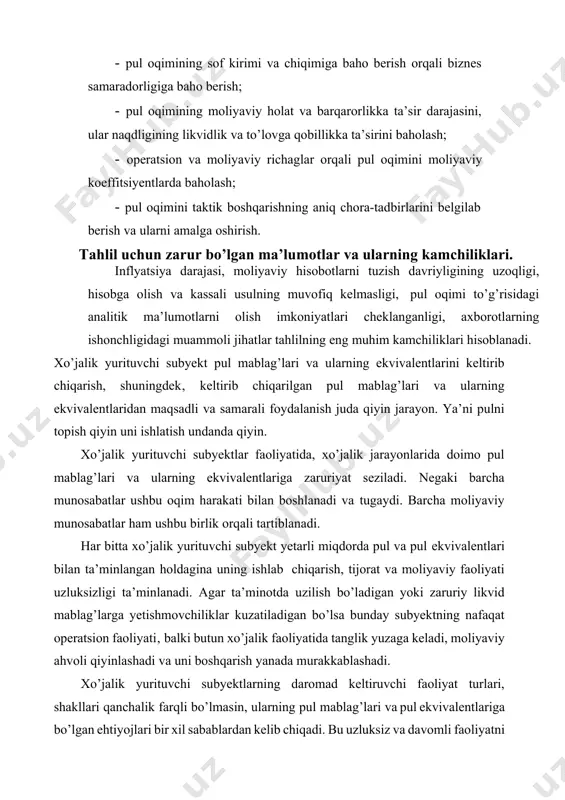 ag’larga yetishmovchiliklar kuzatiladigan bo’lsa bunday subyektning nafaqat operatsion faoliyati‚ balki butun xo’jalik faoliyatida tanglik yuzaga keladi, moliyaviy ahvoli qiyinlashadi va uni boshqarish yanada murakkablashadi. xo’jalik yurituvchi subyektlarning daromad keltiruvchi faoliyat turlari, shakllari qanchalik farqli bo’lmasin, ularning pul mablag’lari va pul ekvivalentlariga bo’lgan ehtiyojlari bir xil sabablardan kelib chiqadi. bu uzluksiz va davomli faoliyatni amalga oshirish aktivlarni sotib olish va joylashtirish, o’z majburiyatlarida amalga oshirish, investorlarga daromadlarini to’lash yuzasidan zaruriy amallarning bir xilligidan kelib chiqadi. pul mablag’larining manbalarida birinchi navbatda xususiy kapitalning shakllanishiga ahamiyat qaratish lozim. xususiy kapital xo’jalik yurituvchi subyektning boshlang’ich kapitalidir. ushbu kapital asosiy va aylanma kapital minimumini ta’minlab beradi. pul oqimlarining shakllanishi va ularning ishlatilishidagi umumiy jihatlar bilan bir qatorda albatta har bitta korxonaning ularning harakati, tezligi yuzasidan o’ziga xos jihatlari mavjud. masalan: pul va pul ekvivalentlarining harakati savdoda, umumiy ovqatlanishda, qurilishda, sanoatda, qishloq xo’jaligida bir-biridan tubdan farq qiladi. bu tarmoq va bo’g’inning, korxona faoliyatining o’ziga xos xususiyatlaridan …