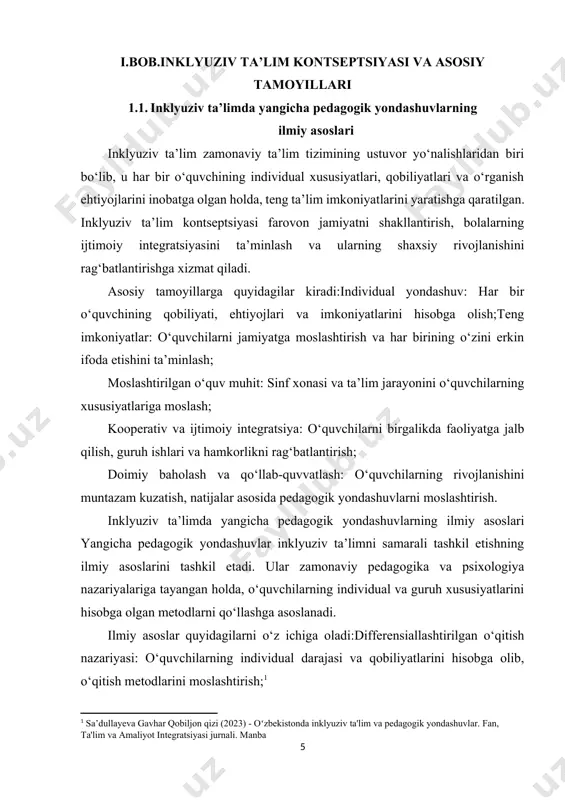 , shu jumladan, nogironlar, madaniy va etnik jihatdan turli bo‘lgan bolalarni ham birlashtiradi. inkluziv ta'limning asosiy prinsiplari:har bir bolaning ta'lim olish huquqi: inkluziv ta'limda barcha o‘quvchilarga, ularning jismoniy va aqliy holatiga qarab, ta'lim olish imkoniyatlari teng taqdim etiladi. har bir bolaning ta'lim olish huquqi hurmat qilinadi va jismoniy yoki aqliy imkoniyatlaridan qat'i nazar, ular o‘qishga jalb qilinadi. farqlarni tan olish va hurmat qilish: inkluziv ta'limda farqlarni rad etish o‘rniga, ularni tan olish va hurmat qilish muhimdir. har bir bolaning ehtiyojlari, imkoniyatlari va qobiliyatlari tan olinib, ularga individual yondashuvlar qo‘llanadi. ta'lim muhitining moslashuvi: inkluziv ta'limda o‘qituvchilar va ta'lim muassasalari bolalarning ehtiyojlarini inobatga olgan holda ta'lim muhitini moslashtiradilar. bu, o‘quvchilarning barcha ehtiyojlariga moslashgan darsliklar, metodlar va texnologiyalardan foydalanishni o‘z ichiga oladi. hamkorlik va qo‘llab-quvvatlash: inkluziv ta'limning yana bir asosiy prinsipi – o‘qituvchilar, ota-onalar va jamiyatning boshqa a'zolari o‘rtasidagi hamkorlikdir. o‘quvchilarga ta'lim berishda barcha tomonlar birgalikda ishlaydi va o‘quvchilarning o‘zlashtirish darajasini oshirishga yordam …