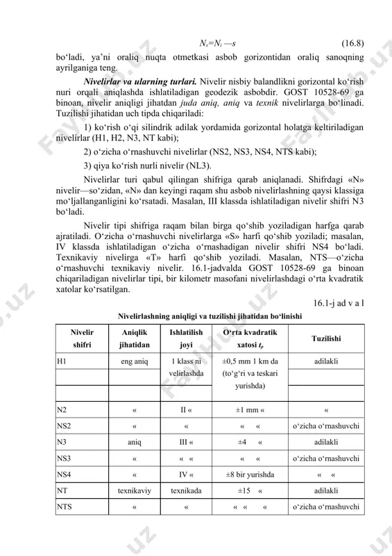 rish o‘qi silindrik adilak yordamida gorizontal holatga keltiriladigan nivelirlar (h1, h2, n3, nt kabi); 2) o‘zicha o‘rnashuvchi nivelirlar (ns2, ns3, ns4, nts kabi); 3) qiya ko‘rish nurli nivelir (nl3). nivelirlar turi qabul qilingan shifriga qarab aniqlanadi. shifrdagi «n» nivelir—so‘zidan, «n» dan keyingi raqam shu asbob nivelirlashning qaysi klassiga mo‘ljallanganligini ko‘rsatadi. masalan, iii klassda ishlatiladigan nivelir shifri n3 bo‘ladi. nivelir tipi shifriga raqam bilan birga qo‘shib yoziladigan harfga qarab ajratiladi. o‘zicha o‘rnashuvchi nivelirlarga «s» harfi qo‘shib yoziladi; masalan, iv klassda ishlatiladigan o‘zicha o‘rnashadigan nivelir shifri ns4 bo‘ladi. texnikaviy nivelirga «t» harfi qo‘shib yoziladi. masalan, nts—o‘zicha o‘rnashuvchi texnikaviy nivelir. 16.1-jadvalda gost 10528-69 ga binoan chiqariladigan nivelirlar tipi, bir kilometr masofani nivelirlashdagi o‘rta kvadratik xatolar ko‘rsatilgan. 16.1-j ad v a l nivelirlashning aniqligi va tuzilishi jihatidan bo‘linishi nivelir shifri aniqlik jihatidan ishlatilish joyi o‘rta kvadratik xatosi tp tuzilishi h1 eng aniq 1 klass ni velirlashda ±0,5 mm 1 km da (to‘g‘ri va teskari …