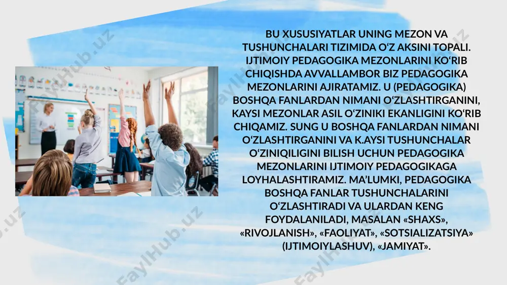 in. sharq uygonish davri mugafakkiri ensiklopediyachisi abu nasr forobiy (873-950) 1) pedagogikaning mustaqil fan sifatida ajralib chiqishiga kadar o‘z asarida aytgan ediki, inson tabiatning eng oliy zoti, u atrof muhitni har tamonlama idrok qilishi mumkin. abdulla avloniy (1878-1934) «turkiy guliston yoxud axloq» degan asarida turli shaxs axloqiy hislatlarini tarbiyalashga katta e’tibor beradi. uning asarini o‘zbek tilida yezilgan pedagogika bo‘yicha birinchi darslik dsb hisoblash mumkin. 1)pedagogika mustaqil fan sifatida y.a.komenskiyning «buyuk dedaktika» (xu11 asr) degan asaridan so‘ng ajralib chiqli, unda didaktika prinsiplari va pedagogik jarayon qonuniyatlari aniq tariflangan. ijtimoiy pedagogika mezonlari va prinsiplari, metod va shakllari e’tiboringiz uchun rahmat image1.png image2.png image3.png image4.png image5.png image6.png image7.png image8.png image9.png image10.png image11.png /docprops/thumbnail.jpeg