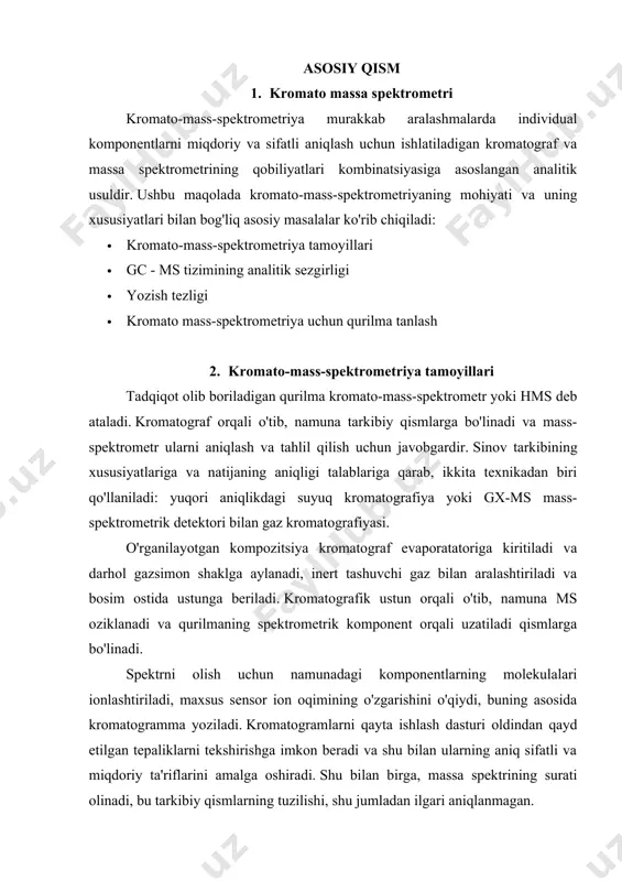 regatlarida) ushbu turdagi analizatorlar o'rnatildi. 4. kromato mass-spektrometriya uchun qurilma tanlash mass-kromatografiya uchun uskunalar o'z parametrlari va imkoniyatlari bilan ajralib turadi. zamonaviy foydalanuvchi ehtiyojlariga javob beradigan texnikani tanlash uchun quyidagi parametrlarni hisobga olish kerak: · amaldagi ionlanish manbai (elektron zarba, kimyoviy ionlash); · eng keng tarqalgan milodiy sezgirligi turli xil ko'rish rejimlarida 10-9...10-12 g ga erishish imkonini beradi; · ko'rish qobiliyati: kromato-mass-spektrometr ushbu zarracha guruhlari (sim rejimi) uchun tanlangan qidiruvni qo'llab-quvvatlashi, shuningdek , ma'lum bir oraliqda (to'liq ko'rish rejimi) to'liq skanerlashni amalga oshirishi tavsiya etiladi. kromato-mass-spektrometriya uchun katta ahamiyatga ega bo'lgan dasturiy ta'minot to'plamga kiritilgan. bu kromatogramni real vaqtda qurish, belgilangan parametrlarning barqarorligini nazorat qilish, mutaxassis uchun qulay shaklda avtomatik ravishda hisobotlarni olish imkoniyatini belgilaydi. dasturiy ta'minot kromato-massa spektrometrining ishlashi qanchalik qulay ekanligiga bog'liq. bundan tashqari, ishlab chiquvchilar turli sanoat va ilmiy sohalar uchun spektrlarni o'z ichiga olgan kutubxonalar to'plamini taklif qilishadi: tibbiyot va farmakologiya( gormonlar ,dorilar, dorilar), neft sanoati …