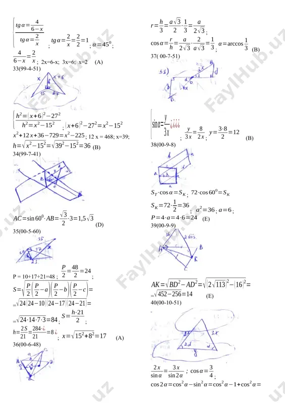 2 = = × × = × = a a s v as ( ) 2 2 2 2 2 2 5 , 2 6 5 , 6 2 = - = - = ÷ ø ö ç è æ h h a 20 5 4 4 ; 5 ; 5 , 2 2 = × = = = = a p a a 3 ; 48 2 8 2 = = × = × = p p h p s yon 8 ; 96 2 24 2 = = = = h h ph s yon ; 3 3 5 , 4 2 3 2 = × = = h r 5 3 4 2 2 2 2 = + = + = r h l 5 3 4 2 2 2 2 = + = + = r h l ( ) ( ) ; 5 ; 10 …
