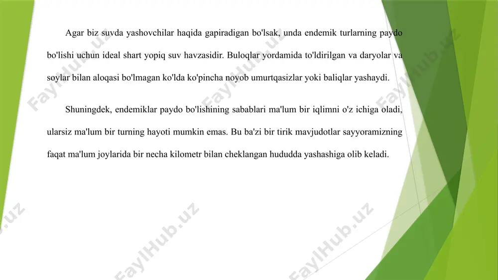 ng areallari yosh turlarga qaraganda katta bo'ladi va bu holat qadimiy turlar o'z areallarini kengaytirishi uchun yetarli darajada vaqtga ega bo'lganligi bilan tushuntiriladi. tahlillar ko'pincha turlarning yoshi ularning areallari bilan to'g'ridan-to‘g'ri bog'liq ekanligini ko'rsatadi.mazkur qonuniyat fanda villis nazariyasi yoki “vaqt va makon ” qoidasi nomi bilan u uritiladi. mazkur qoidadan mustasno hollar ham uchrab turadi, jumladan nisbatan qari turlar ham b a ’zan kichik areallar hosil qilishi mumkin (gatteriya va boshq.). areallarning shakli juda xilma-xil bo'lib, areal shaklini aniqlaydigan omillar uning ko'lamini ham aniqlaydi. shimoliy yarim sharning mo''tadil mintaqasida joylashgan oblastlardagi ko'pchilik turlarning areallari g'arbdan sharqqa tomon uzoq. shimoldan janubga tomon esa juda kam masofada cho'zilgan bo'ladi. bunday xususiyat iqlimiy sharoitlarning taqsimlanish xususiyati bilan bog'liq bo'lib, iqlim g'arbdan sharqqa tomon yo'nalishga nisbatan shimoldan janubga tomon tez o'zgaradi. tog'lik hududlarda ko'pchilik turlarning areallari tog' tizmalari bo'ylab cho'ziladi va bu holat tizmalarda bir xil sharoitlar mavjudligidan dalolat beradi. areal tiplari va ularga …