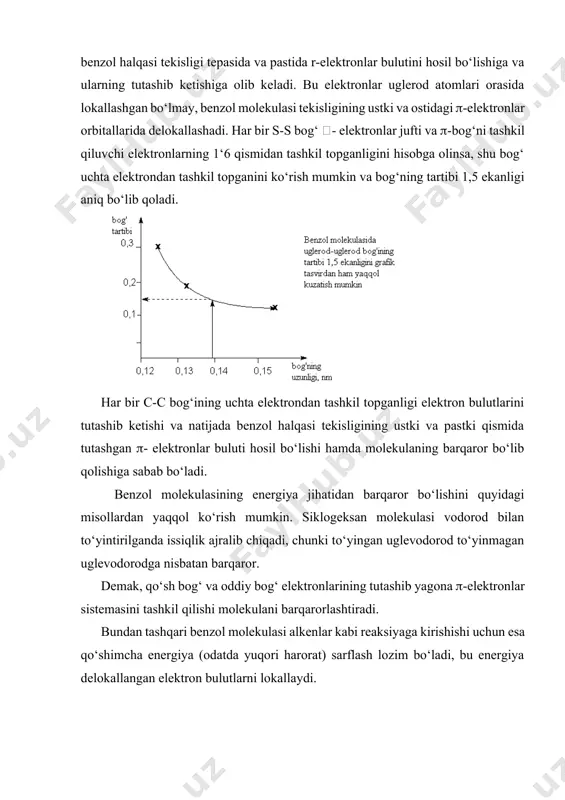 luti hosil bo‘lishi hamda molekulaning barqaror bo‘lib qolishiga sabab bo‘ladi. benzol molekulasining energiya jihatidan barqaror bo‘lishini quyidagi misollardan yaqqol ko‘rish mumkin. siklogeksan molekulasi vodorod bilan to‘yintirilganda issiqlik ajralib chiqadi, chunki to‘yingan uglevodorod to‘yinmagan uglevodorodga nisbatan barqaror. demak, qo‘sh bog‘ va oddiy bog‘ elektronlarining tutashib yagona -elektronlar sistemasini tashkil qilishi molekulani barqarorlashtiradi. bundan tashqari benzol molekulasi alkenlar kabi reaksiyaga kirishishi uchun esa qo‘shimcha energiya (odatda yuqori harorat) sarflash lozim bo‘ladi, bu energiya delokallangan elektron bulutlarni lokallaydi. shunday qilib, aromatiklikning eng oddiy tushunchasi sistema -elektronlarining delokallanishi tufayli molekula energiyasining eng past bo‘lishidir. 1931yilda xyukkel kvanto-mexanik hisoblashlar natijasida yopiq zanjirli, tekislikda yotuvchi umumlashgan 4n+2 ta -elektroni bo‘lgan molekula aromatik xususiyatga ega bo‘ladi degan xulosaga kelgan (n=0,1,2,3): aromatik uglevodorodlarni olish usullari. benzol qatori aromatik uglevodorodlari ba’zi neftlarning tarkibida uchraydi. shuning uchun ularni neftdan olish mumkin. benzol va uning gomologlarini ko‘mirni kokslash jarayonida hosil bo‘luvchi smoladan olish mumkin. toshko‘mirni quruq haydash (piroliz) havosiz sharoitda, 10000s …