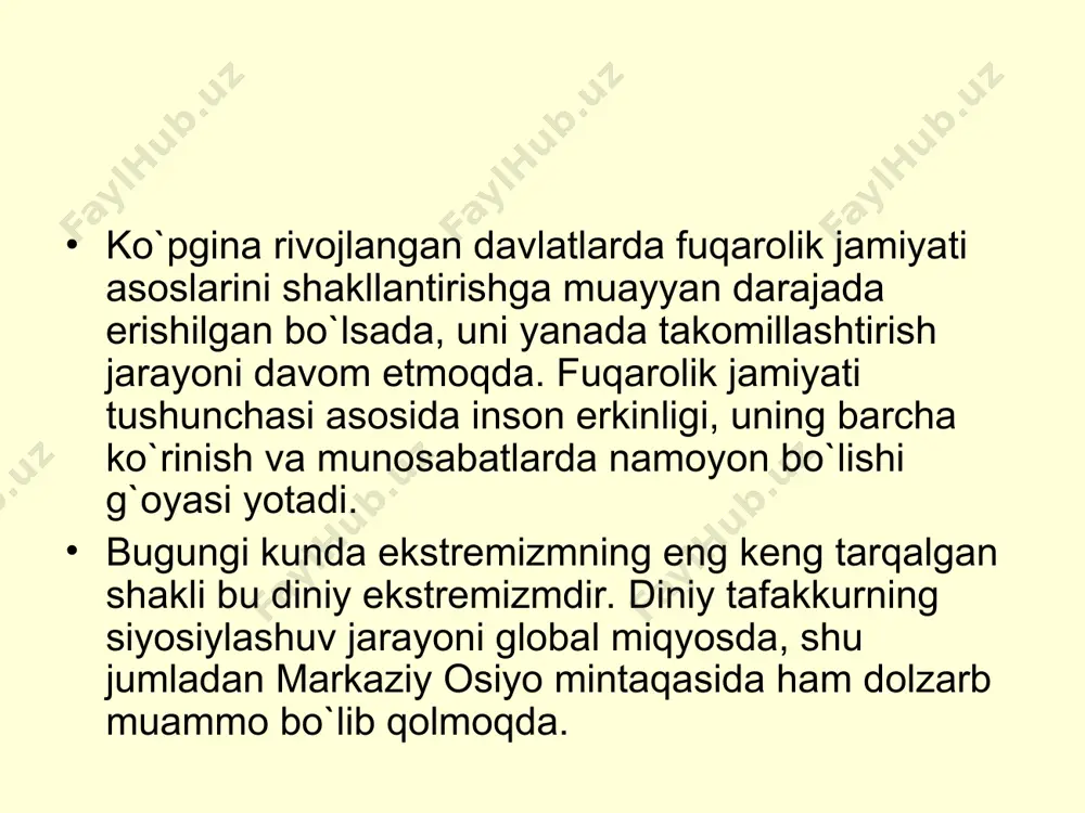 rtiyasi” (1989-1991) “adolat”, “islom lashkarlari” (1990-1992) “tavba”, “hizbulloh” (1991-1995) muxolif kuchlar tomonidan ta`minlanib faoliyat ko`rsatmoqda. “akromiylar” (1997-1999) andijonlik akrom yo`ldoshev (1960 yilda tug`ilgan) “imonga yo`l” (1992) nomoli dastur tuzgan. “vahhobiylik” (1990-1992) diniy ekstremestik oqimning tashkiliy tizimi bo`limish “o`zbekiston islom harakati” jahonning yetakchi xalqaro terroristik tashkilotlari-“tolibon harakati” usoma bin ladenning “al-qoida” tahskiloti. “harakat ul ansor”, “al-jihod” kabilar bilan til biriktirib, ularning bevosita rahnamoligida tashkil etilgan. “hizbut tahrir al-islomiy” diniy ekstremistik partiyasi sunniylik doirasidagi siyosiy partiya bol`ib, 1953 yilda quddus shahrida falastinlik taqiyuddin nahaboniy tomonidan tashkil etilgan.