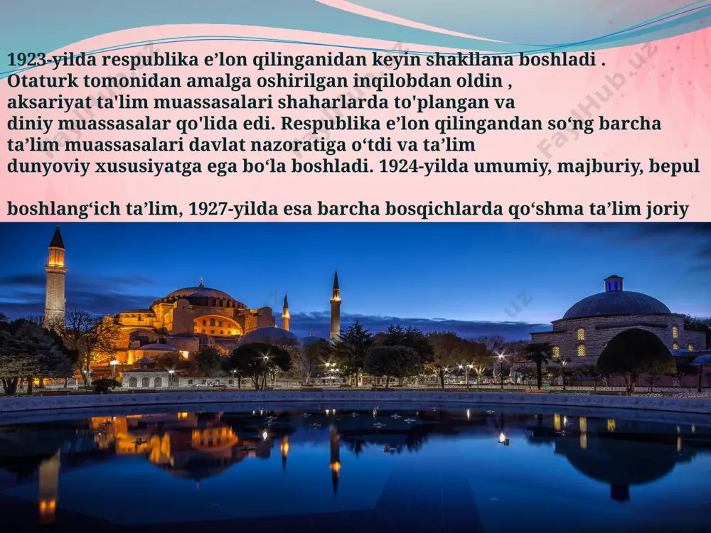 ssasalarida oyiga 100 dan 300 turk lirasigacha muassasalar - oyiga 300 dan 1500 liragacha (bo'yicha shaharlar va ta'lim tizimlari). boshlang'ich ta'lim besh yillik boshlang'ich ta'lim majburiydir 6 yoshdan oshgan bolalar uchun. ko'pgina boshlang'ich maktablar o'z formalariga ega. yetib kelmagan maktab o'quvchilari belgilangan bilim standarti, yil oxirida majburiydir o'quv yilining kursini va mavjud bilan takrorlang tizimi, bola qadar boshlang'ich maktabda qolishi mumkin 14 yoshda . turkiyadagi barcha davlat maktablari bepul. tomonidan boshlang'ich maktabni tugatgach, bitiruvchilar diplom oladilar, keyin ular o'rta maktabda o'qishni davom ettirishlari mumkin maktab yoki maqsadli mutaxassisga ega bo'ling ta'lim. xususiy boshlang'ich maktablar mavjud, miqdori bo'yicha davlatdan farq qiladi sinfda talabalar, kengaytirilgan o'quv dasturi va qo'shimcha xizmatlar to'plami. o'qish to'lovlari xususiy maktablar oyiga 1000 lira va undan yuqori . o'rta maktab davlat o'rta maktabida o'qish shunchalik kamida 4 yil va oddiy litseyga bo'linadi va professional. oddiy litseyni tugatgandan so'ng bitiruvchilar diplom oladilar kirish imtihonlarini topshirganligi to'g'risida, istalgan universitetga kirishi …