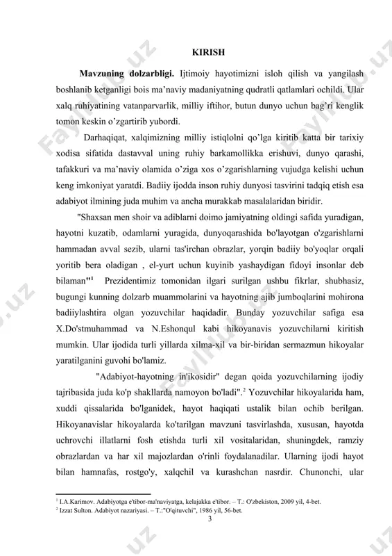vchilik san'atining asosiy va muhim tomoni sanaluvchi xarakter yaratish mahoratining tekshirilishida ko'rinadi. xarakter yaratishda esa, albatta, inson ruhiyati masalasi asosiy unsur sanaladi. mana shunday mehnat evaziga dunyoga kelgan asarlarning umri ham, qadri ham ulug' bo'ladi. ma’lumki, har bir davr adabiyoti o‘z qahramonlarining estetik dunyosi bilan bir – biridan faqr qiladi. ayniqsa asar qahramonlari ijodkor estetik ideali orqali ta’sirchan yaratilsa, shu nuqtai nazardan bitiruv malakaviy ishimizda bugungi kun hikoyanavislari x.do‘stmuhammad va n.eshonqul hikoyalari misolida hikoya janridagi psixologizm va psixologik tahlil muommolarini tahlil qilishga urindik. bu esa ishimizning dolzarbligini belgilaydi. tadqiqotning maqsadi va vazifalari. ushbu bmi ning asosiy maqsadi - xurshid do'stmuhammad va nazar eshonqul hikoyalarini tadqiq etish orqali "psixologizm" masalasini o'rganish bo'lib, ushbu maqsadni amalga oshirishda quyidagi vazifalarni joriy etish mo'ljallanadi: · bitiruv malakaviy ishda psixologizm va psixologik tahlil muommosi baholi qudrat tahlil qilinadi; · x.do‘stmuhammad hikoyalarida qahramonlarning ruhiyati o‘rganildi va talqin qilinadi; · x.do‘stmuhammad hikoyalaridagi qahramonlarning ruhiy iztiroblari ijodkor mahorati …