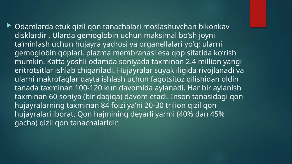 k boʻladi. oksigemoglobin (oksi... va gemoglobin), no2 — molekulyar gemoglobinning kislorod bilan birikmasi; oʻpkadan toʻqimalarga kislorod yetkazib be-radi. toʻqimalarda oson parchalanadi. arterial qonning och qizil rangi o.ga bogʻliq. bunda gemoglobin tarkibiga kiradigan temirning valentligi oʻzgarmaydi. issiq qonli hayvonlar va odamda kislorodning koʻproq qismi toʻqimalarga o. tarkibida boradi. eritron. e ritropoezning boshqarilishi.ingliz terapevti kasl xarakatdagi, depodagi va suyak ko'm igidagi qonlar miqdorini ifodalash uchun «eritron» tushunchasini fanga kiritgan. eritron yopiq tizim bo'lib, unda yem irilgan va yangi hosil bo'lgan eritrotsitlar miqdori tengdir. eritron yopiq tizim bo'lib, unda yem irilgan va yangi hosil bo'lgan eritrotsitlar miqdori tengdir. eritrotsitlar suyak ko'migining yopiq kapillyarlarida yetiladi va ular retikulotsit davriga yetgandan so'ng kapillyarlar devorini cho'zadi, natijada tomir ochiladi va retikulotsitlar qon bilan yuvib ketiladi. qonda retikulotsitiar 35-45 soatdan so'ng eritrotsitga aylanadi. qondagi retikulotsitlar miqdori me’yorda 1-2% ni tashkil qiladi. eritrotsitlar 80-120 kun yashaydi rang ko’rsatgich.eritrotsitlarda gemoglobin miqdori haqida rang ko‘rsatkich yoki farb indeks (fi, farb-rang, …