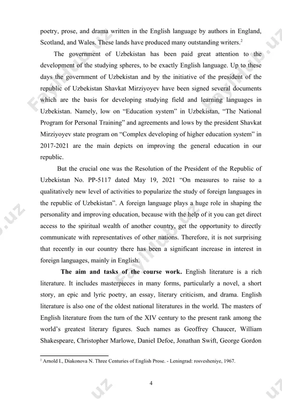 nd the number of academic hours in the curriculum, we decided to focus on more issues and divided this book into nine units according to the following outline: the structure of the course work the given course work consists of introduction, main body, conclusion and bibliography. main body 1. history of english literature for the first eleven hundred years of its recorded history, the island of britain suffered a series of invasions. the southern part of the island, washed by the warm waters of the gulf stream, was attractive to outsiders with its mild climate and rich soil. each invasion brought bloodshed and sorrow, but each also brought new people with new culture and those different peoples created a nation. 250,000 years ago the island was inhabited by cave dwellers. invaders from the iberian peninsula (modern spain and portugal) overcame their culture about 2000 b.c., erecting stonehenge - the circle …