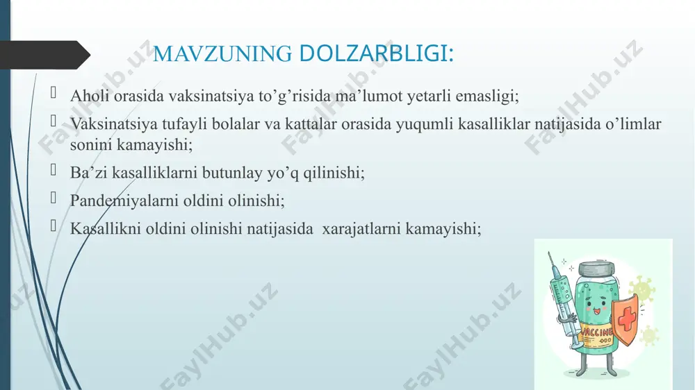 uskulyar yoki o’ldirilgan vaksinalar- mikroblarnifizik-kimyoviy usullar bilan o’ldirib olinadi; anatoksin- ekzotoksinlardan tayyorlanadi; kimyoviy va sun’iy vaksinalar; gen injeneriyasi usuli bilan tayyorlangan vaksinalar: live attenuated vaccines alive, but weakened germs most like natural immunity provides strong disease immunity measles/mumps/rubella (mmr), chicken pox, and flu nasal spray vaccines inactivated vaccines inactive/killed germs may require booster shots hepatitis a, flu (shot), polio, rabies vaccines toxoid vaccines protect against germ toxins weakened toxins (toxoids) may require booster shots diphtheria, tetanus parts of the dtap vaccine subunit/conjugate vaccines specific parts of germs strong immunity to key part of germ may require booster shots pertussis part of the dtap vaccine, hepatitis b vaccine mrna vaccines use mrna instead of germs or toxins instruct your cells to make germ's antigen do not contain live virus do not change your dna certain covid-19 vaccines viral vector vaccines use dna or mrna to instruct cells to make germ's antigen …