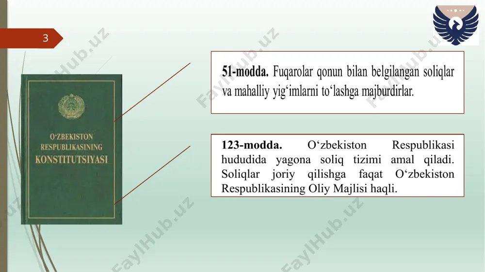 ‘tilgan? soliq solish qanday qonun hujjatlariga muvofiq amalga oshiriladi. soliqqa oid qaysi qonun hujjatlari orqaga qaytish kuchiga ega? soliq to‘g‘risidagi qonun hujjatlarida belgilangan muddatlar qaysi davr bilan aniqlanadi. soliq kodeksining oltinchi moddasi nimaga bag’ishlangan?. soliqlarga oid xalqaro bitimlar to’g’risida nimalarni bilasiz? e’tiborlaringiz uchun rahmat! image2.jpeg image3.png image4.png image5.png image6.png image7.png image8.png image9.png image10.png /docprops/thumbnail.jpeg