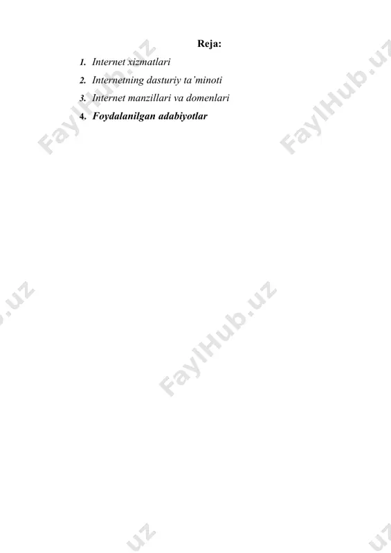 aratishi mumkin. − yangi xujatlar guruhining barcha a’zolariga yoki konkret avtorlarga yuborilishi mumkin. − elektron pochta (e-mail) - eng ko’p tarqalgan internet xizmati bo’lib, istagan tarmoq abonentini pochta xabarlari bilan o’zaro muloqotda bo’lib turishini taminlaydi. elektron pochtaning harakterli xususiyatlari shuki, xabar adresatga bir necha minut davomida yetib boradi. − bunda masofa xech qanday rol o’ynamaydi. odatiy xatlar esa, oluvchiga bir necha kun hattoki, haftadan keyin yetib borishi mumkin. − whais-internetning adres kitobi. uning yordami bilan abonet o’zoqdagi kompyuterga va foydalanuvchilarga tegishli axborotlarni olishi mumkin. − yuqorida keltirilgan tarmoqdagi abonentlararo axborot almashuvi xizmatlaridan tashqari, internet ba’zi bir o’ziga xos xizmat turlarini ham taqdim qilishi mumkin, masalan: − faks-servis-tarmoq faks serviridan foydalanib, foydalanuvchiga faksimal aloqa orqali xabarlar jo’natish imkonini beradi. − elektron tarjimon–o’ziga yuborilgan matnni bir tildan ikkinchi tilga tarjima qilib beradi. − bunda elektron tarjimonga murojaat etish elektron pochta orqali amalga oshiriladi. − shlyuzlar-abonentga tcp/ip protokollari bilan ishlamaydigan tarmoqda xabarlarni jo’natish …