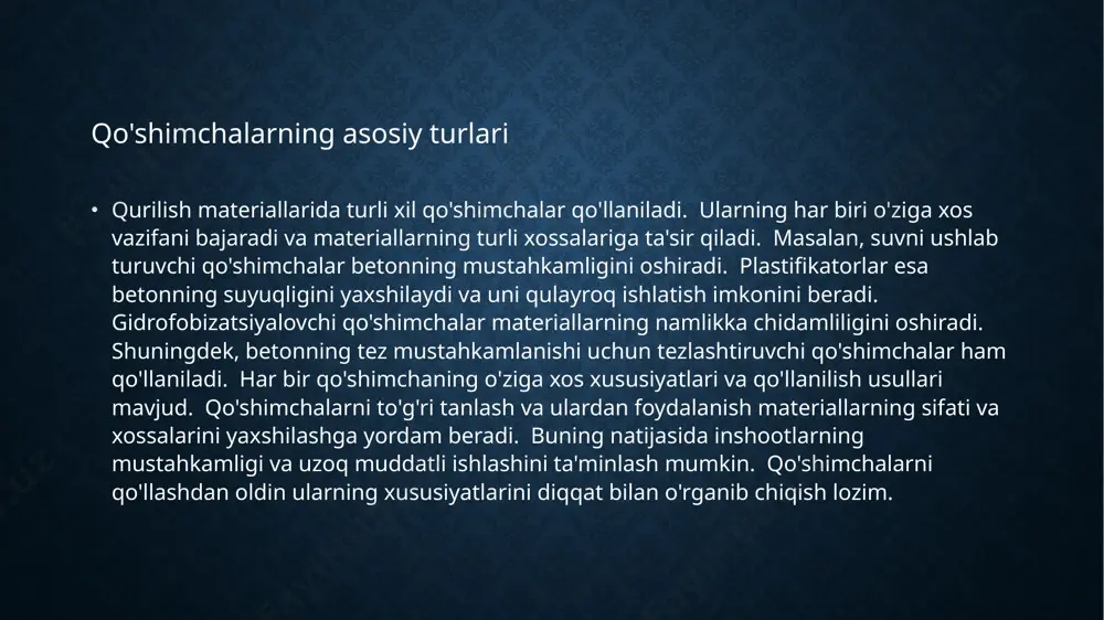qayta ishlash natijasida olinadi. bu esa chiqindi miqdorini kamaytiradi va atrof muhitni muhofaza qilishga hissa qo'shadi. ekologik toza qo'shimchalarni qo'llash qurilish inshootlarining ekologik izini kamaytiradi. bundan tashqari, ba'zi qo'shimchalar qurilish jarayonida energiya sarfini kamaytiradi. ekologik jihatlardan toza qurilish materiallari va qo'shimchalari kelajakdagi qurilish rivojlanishida muhim rol o'ynaydi. qurilish sohasida ekologik mas'uliyatni oshirish uchun ekologik toza materiallar va qo'shimchalardan foydalanish muhimdir. qo'shimchalarning ekologik jihatlari qo'shimchalarni qo'llash ba'zi hollarda qurilish xarajatlarini kamaytirishga yordam beradi. masalan, ba'zi qo'shimchalar betonning miqdorini kamaytirish imkonini beradi. bu esa sement va boshqa materiallarga bo'lgan talabni kamaytiradi va natijada xarajatlarni tejashga yordam beradi. bundan tashqari, ba'zi qo'shimchalar qurilish jarayonini tezlashtiradi. bu esa mehnat xarajatlarini kamaytiradi va qurilishni tezroq yakunlash imkonini beradi. lekin, ba'zi qo'shimchalar qimmat bo'lishi mumkin. shuning uchun qo'shimchalarni tanlashda ularning samaradorligi va narxini hisobga olish kerak. to'g'ri qo'shimchalarni tanlash bilan qurilish xarajatlarini optimallashtirish mumkin. qo'shimchalarning xarajatlarga ta'siri qurilish materiallariga qo'shilgan qo'shimchalarning sifati va samaradorligini aniqlash uchun …