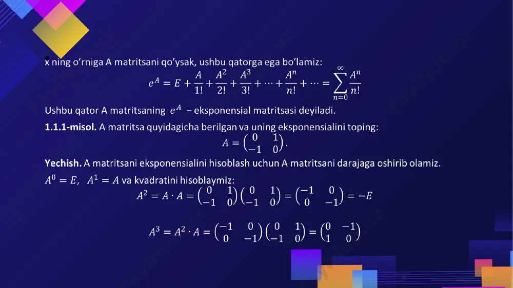 al tenglamalarga misol bo’la oladi: , ushbu tenglamalar o’zgarmas koeffitsientli bir jinsli bo’lmagan differensial tenglamalarga misol bo’la oladi: ushbu ko'rinishidagi n-tartibli chiziqli o’zgarmas koeffitsientli bir jinsli differensial tenglamalar sistemasi berilgan bo’lsin, yuqoridagi sistemada – haqiqiy sonlar, – noma’lum funksiyalar, – erkli o’zgaruvchi. quyidagi belgilashlardan foydalanib berilgan sistemani qulay ko’rinishda ifodalashimiz mumkin: bunda – kvadrat matritsa, – noma’lum vektor funksiya. ii bob. o‘zgarmas koeﬃtsiyentli chiziqli diﬀerensial tenglamalar sistemasi 2.2 o‘zgarmas koeﬃtsiyentli chiziqli bir jinsli diﬀerensial tenglamalar sistemasini eksponensial matritsa yordamida yechish o’zgarmas koeffitsientli bir jinsli differensial tenglamalar sistemasi berilgan bo’lsin. determinant xarakteristik ko’phad deb yuritiladi. ravshanki, yechim sistemani qanoatlantiradi va u trivial yechim deb yuritiladi. sistemaning trivial yechimidan boshqa yechim topishimiz uchun determinantimiz 0 ga teng bo’lishi kerak. ushbu tenglama xarakteristik tenglama, uning ildizlari esa xos sonlar deyiladi. tenglamadan ma’lumki, ma’lum bir funksiya hosilasi o’sha funksiyaga to’g’ri proporsional. matematik analizdan ayrim tushunchalarni esga olsak, funksiya xuddi shunday xossaga ega, ya’ni . …