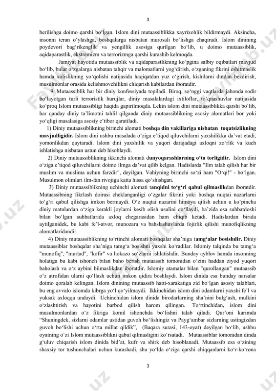 g‘aydigan, ixtilof kuchaytiradigan bahslari bilan barbod qiladi. natijada jamiyatlar, xalqlar va madaniyatlar o‘rtasida keskinlik ruhi yanada kuchayadi. 4. mutaassib o‘z fikriga ega bo‘lmasdan, u o‘zgalar fikri bilan harakat qiladi. uni faqat ichki emotsional tuyg‘u boshqaradi. shu bois u muqobil tomonning fikrini qabul qilish va hurmat qilish imkoniyatiga ega emasdir. biron-bir nuqtai-nazarni faqat u o‘zining qoidalariga mos kelmagani uchun rad etadigan har qanday odam bashqalarga nisbatan toqatsiz va mutaassib bo‘lib hisoblanadi. 5. dunyoviy va diniy bilimlarning sayozligi, sof diniy tushunchalarning asl mazmunini bilmaslik mutaassiblikka sabab bo‘ladi. bu jarayonning eng xatarli jihati dinni siyosiylashtirish vositasida hoqimiyatga intilish, dinni noto‘g‘ri talqin qilish bilan odamlar orasiga nifoq solish, qo‘poruvchilik ishlarini amalga oshirish va g‘arazli manfaatlarni ro‘yobga chiqarishga urinishlar amalga oshiriladi. shuning uchun jamiyat hayotida diniy ekstremizm kelib chiqishining birinchi va asosiy sababi mutaassib fikr va qarashlarning paydo bo‘lishidir. mutaassiblik diniy ekstremizm va terrorizmga zamin tayyorlaydi. bugungi kunda «aqidaparastlik» so‘zi «mutaassiblik» so‘zi bilan birgalikda qo‘llanib …