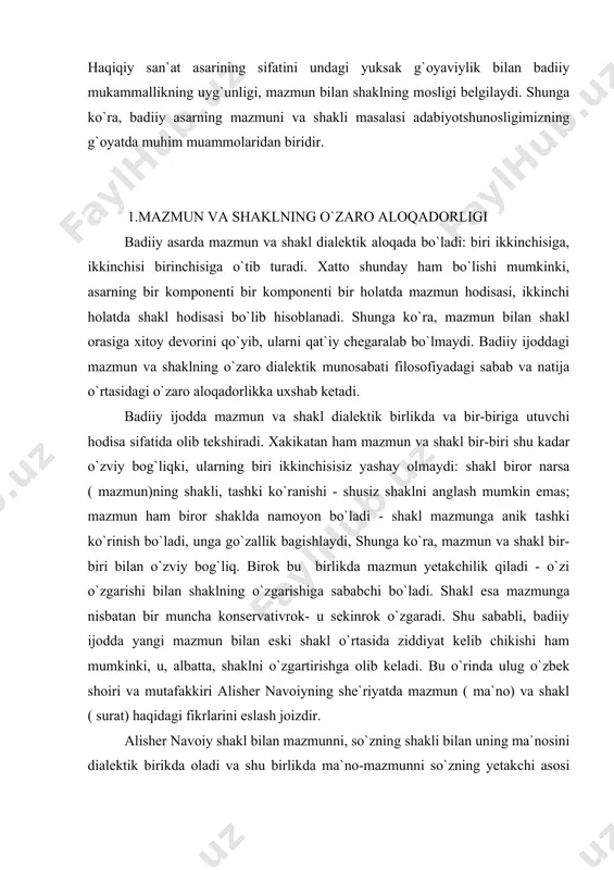 navoiy shakl bilan mazmunni, so`zning shakli bilan uning ma`nosini dialektik birikda oladi va shu birlikda ma`no-mazmunni so`zning yetakchi asosi deb biladi. shoirning fikricha, she`r mazmuni bilan ham, shakli bilan ham go`zal bo`lishi kerak: nazmda ham asl anga ma`ne durur, bulsin aning surati xar ne durar. nazmki ma`ni anga margub emas, nazmki ham surat erur xush anga, zimnida ma`ni dogi dilkash anga. alisher navoiy ma`no-mazmuning yetakchiligini inkor etib, quruq shaklbozlikka berilib ketgan, so`zni suiistimol etuvchi formalist shoirlarni shafqatsiz fosh etgan, ularga qarshi tinimsiz kurash olib borgan. afsuski, bunday formalizmga berilish holati adabiyot tarixida, ahyon-ahyonda bo`lsa-da uchrab turadi. bu o`rinda, loakal, x1x asrda qo`qon xoni- amir umarxon saroyida yashagan shoirlarning ko`pi shoir amiriy (amir umarxon)ga taqlidan yaratgan quruq shaklbozlikdangina iborat she`rlarini eslash kifoya. bu shoirlarning she`rlarida shakl bor-u mazmundan tayin yo`q. shunga holatni 20-30- yillarda ijod qilgan ayrim o`zbek formalist shoirlari ijodida ham kurish mumkin. ta`kidlash kerakki, hikoyabop fikrni hikoyada, qissabop fikrni …