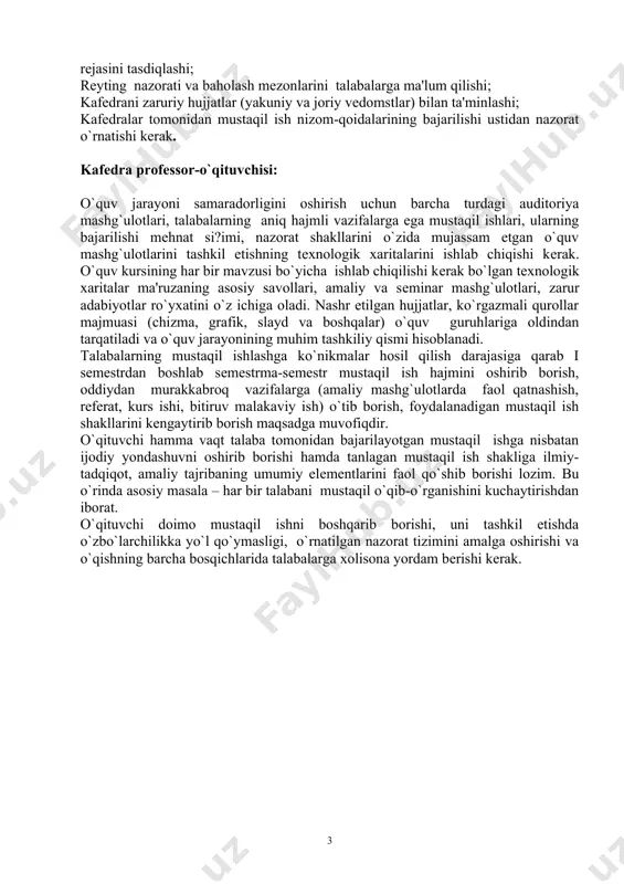 `quv jarayonida talaba tomonidan bajariladigan barcha o`quv mashg`ulotlarining to`plami: masalan, biron-bir ilmiy yoki o`quv adabiyotni o`qib-o`rganish, konspеkt yozish, ma'lum bir muammo yoki masala yuzasidan ijodiy ma'lumot, ma'ruza tayyorlash; rеfеrat, kurs ishi yoki bitiruv malakaviy ishini tayyorlash va h.k. talabalar mustaqil ishlari o`z xususiyatlariga ko`ra quyidagicha bo`lishi mumkin. rеproduktiv mustaqil ish - mutoala, o`quv adabiyotini konspеktlash, ma'ruzani tinglash, matnni aytib bеrish, eslash, o`quv matеrialini takrorlash (qaytarish) va boshqalar . bilib – izlaydigan mustaqil ish amaliy va sеminar mashg`ulotlarda xabar va ma'ruzalar bilan chiqish, o`quv dasturi bo`yicha adabiyotlar tanlash, kurs va nazorat ishlari yozish va hokazo. ijodiy mustaqil ish – rеfеratlar va ilmiy maqolalar yozish, ilmiy – tadqiqot ishlarida qatnashish, bitiruv malakaviy ishga tayyorgarlik ko`rish, maxsus ijodiy topshiriqlarni bajarish va hokazo. talabalarning mustaqil ishlari bo`ycha o`quv jarayonini tashkil etish uchun kafеdrada quyidagi chora-tadbirlar amalga oshiriladi: har bir kurs (fan) ishchi dasturini mavzuli bo`limlarga taqsimlash; bo`limlar doirasida mustaqil ishlar vazifalarini, nazorat tadbirlarini ishlab …